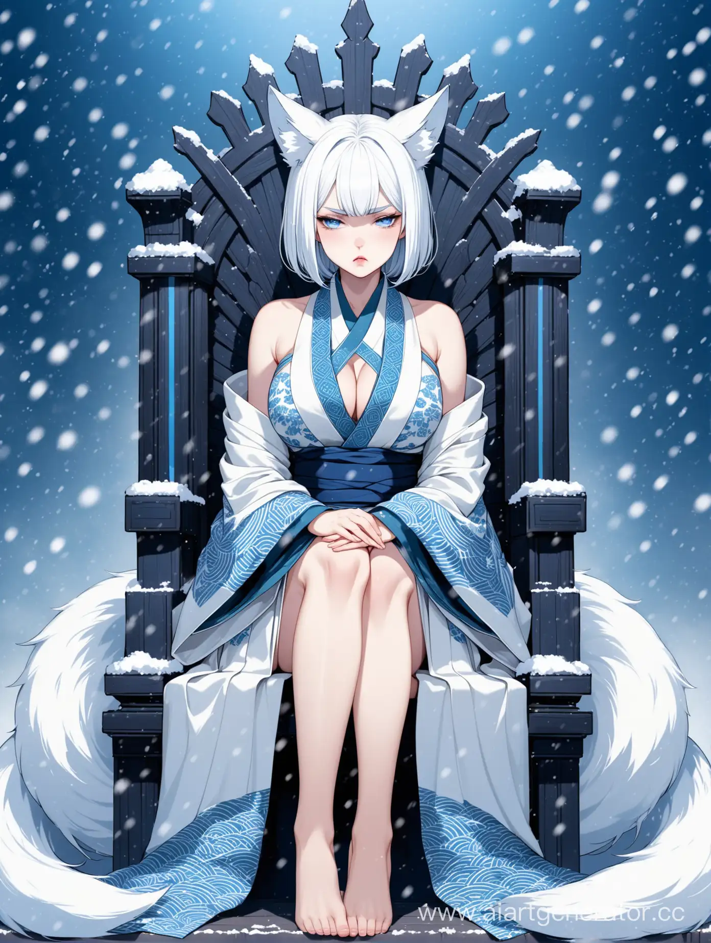 beautiful very pale woman with white fox ears, bob cut white hair, cold blue eyes, disgusted look, pout, cold blue lips, white kimono with blue patterns, big cleavage visible shoulders, sitting on throne with hands on crossed legs, it is winter, it is snowing, full body view, 