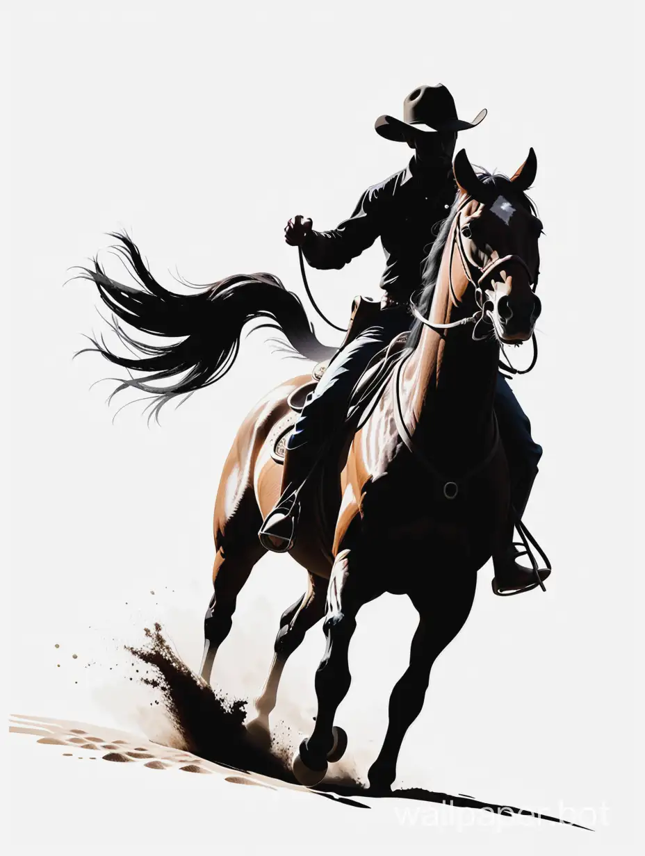 black silhouete illustration, cowboy in horse, action, white background