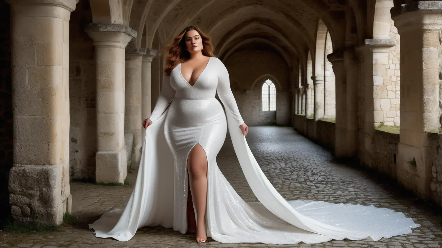 beautiful, sensual, elegant plus size model wearing a long white gown with a train, white flared sequins skirt, fitted at the hips and flaring at the floor, fitted white bodice, deep v-neck, long tight sleeves, high defined waistline with a waistband tonal to the dress, luxury photoshoot inside the castle in France