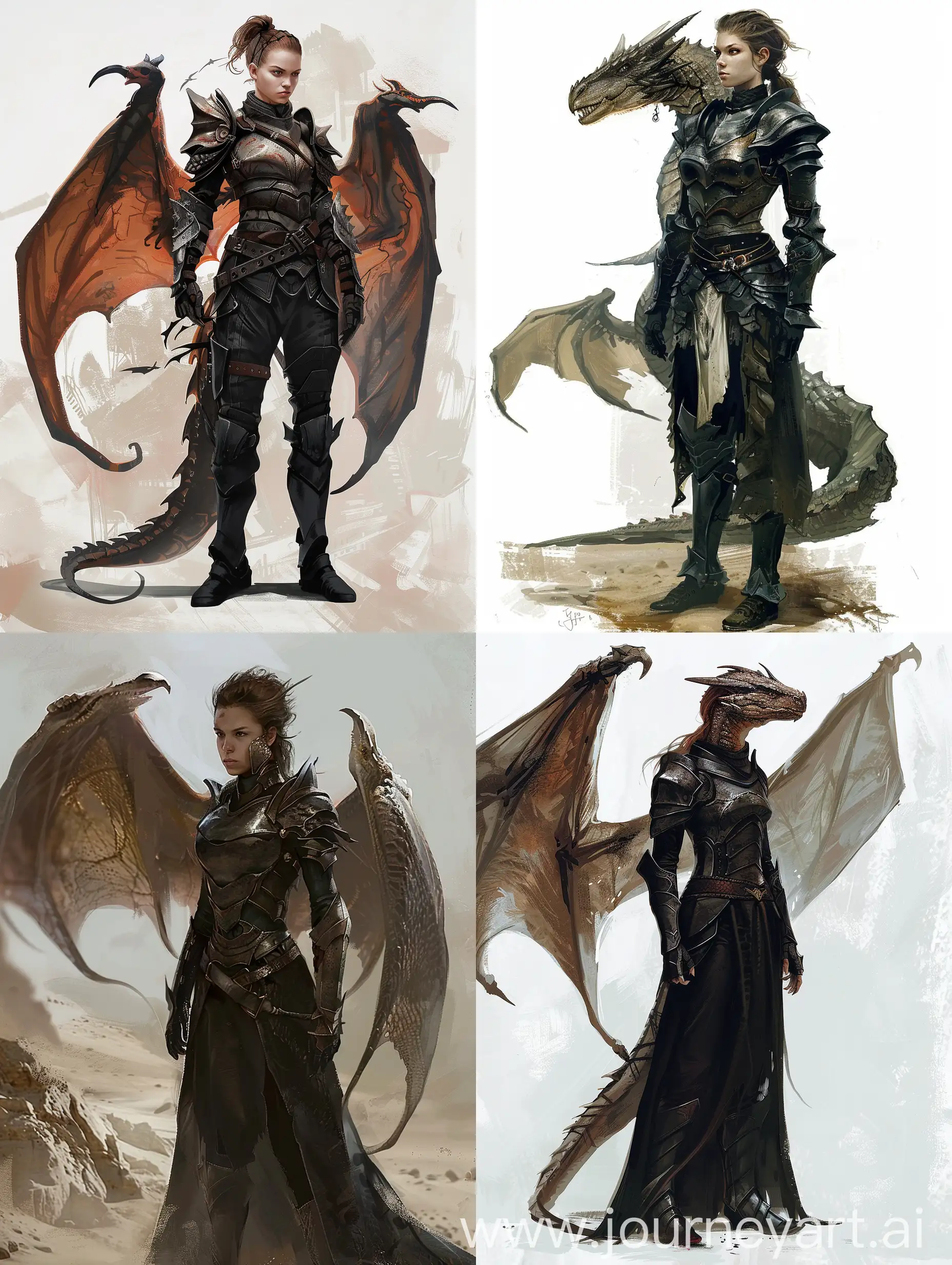 game art, concept, dragon in human form, woman in black armour