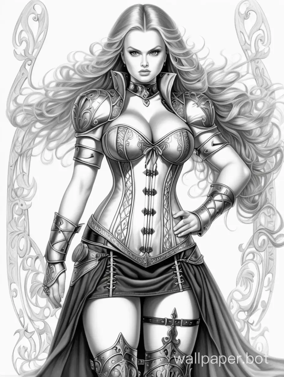 young anna semenovich, warrior girl, light long hair, large breasts size 4, narrow waist, wide hips, corset with lacing and metal inserts, micro skirt, black and white sketch, white background, fantasy style, full length