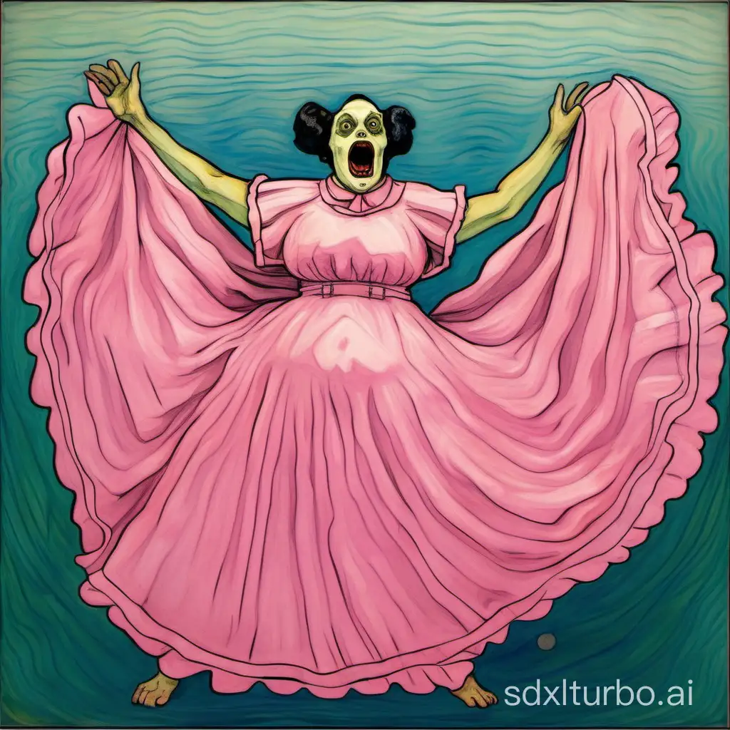 singing piranha wearing a pink dress in Ferdinand Hodler Style