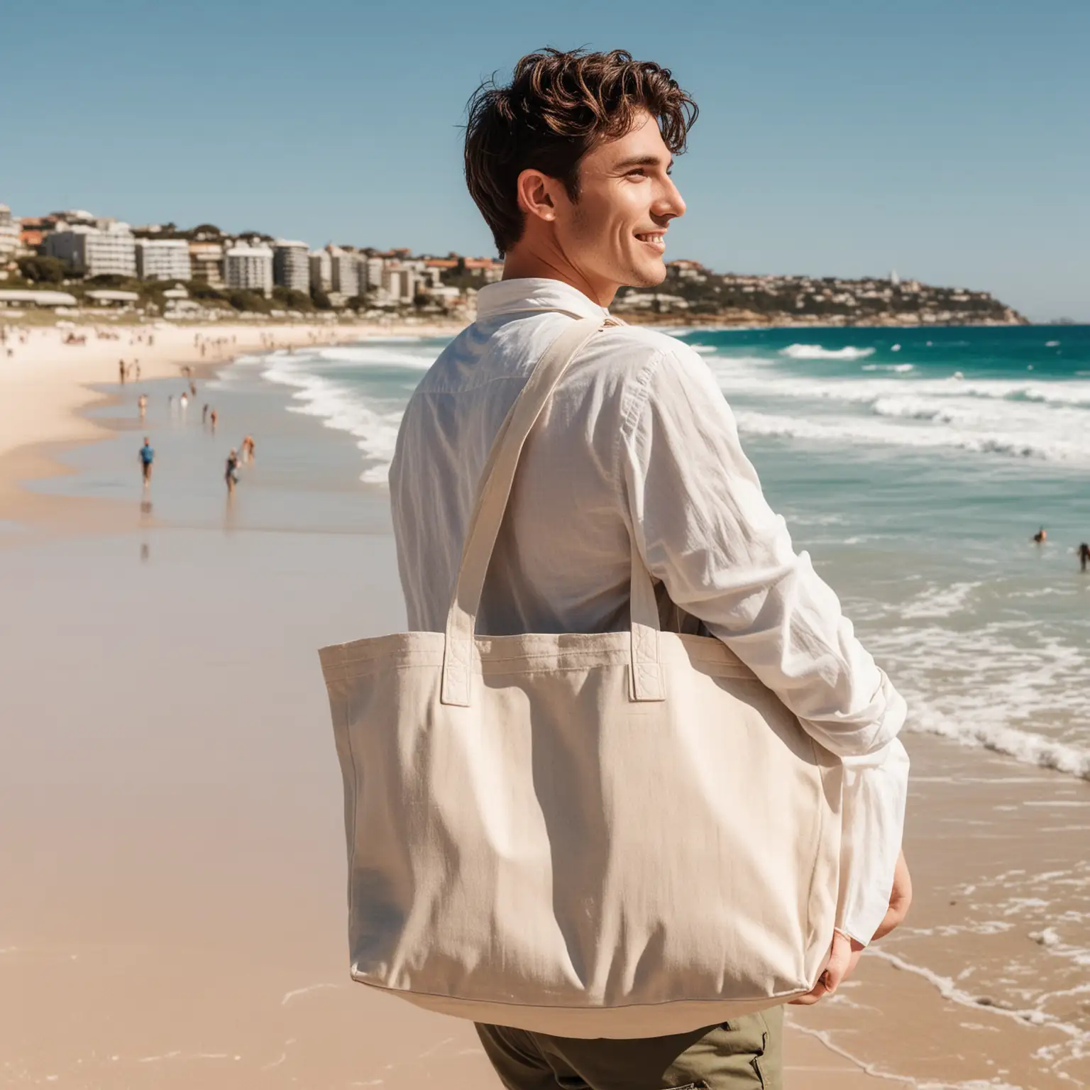 A young man in his mid 20's carrying a canvas tote bag across his shoulders on  bondi beach, create a nice relaxed holiday vibe, with very Bondi lifestyle 
