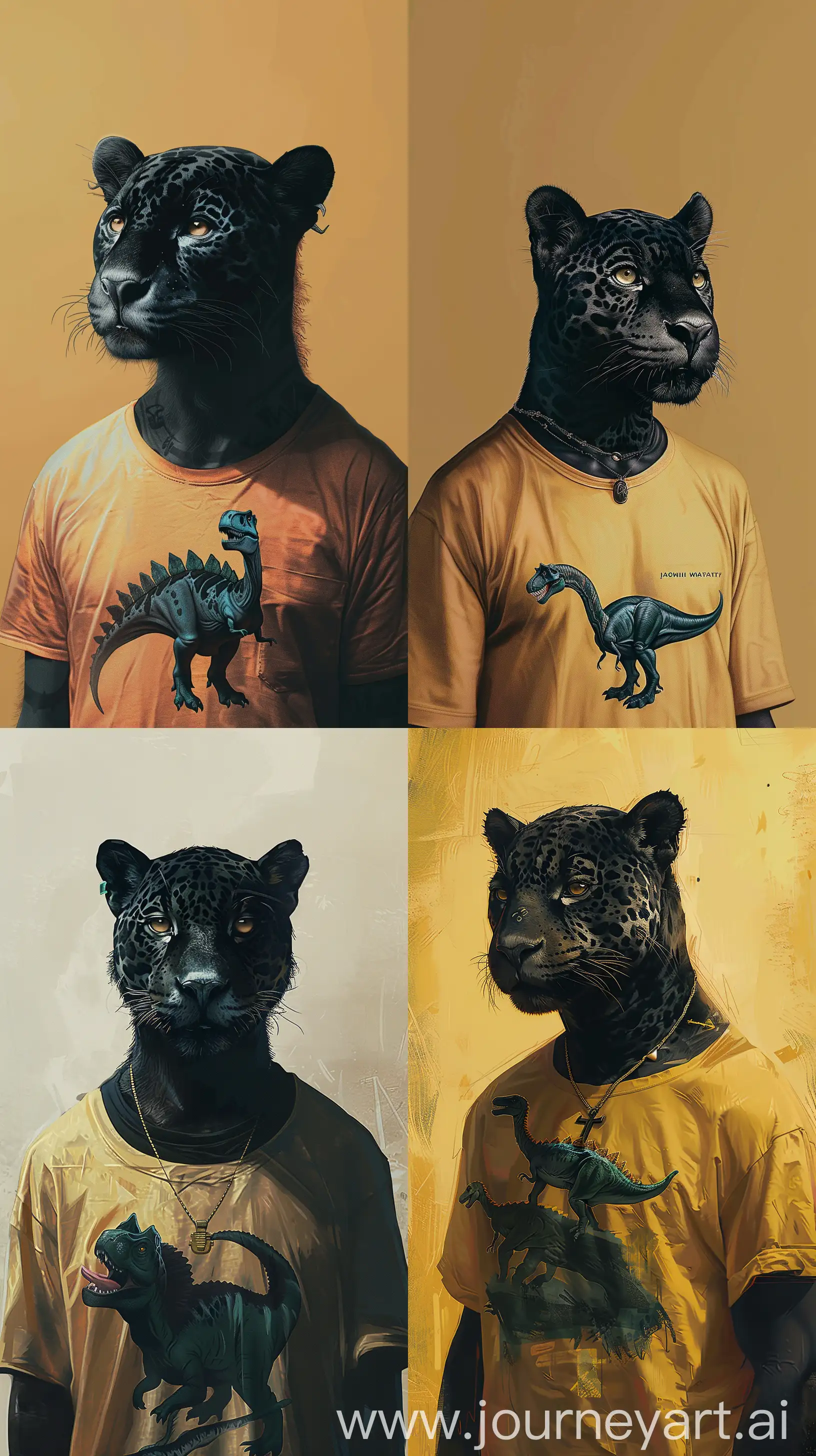 William wray art style of a black jaguar as a man wearing a t shirt with dinosaur on it , as phone wallpaper, 8k uhd maximalist details. --ar 9:16