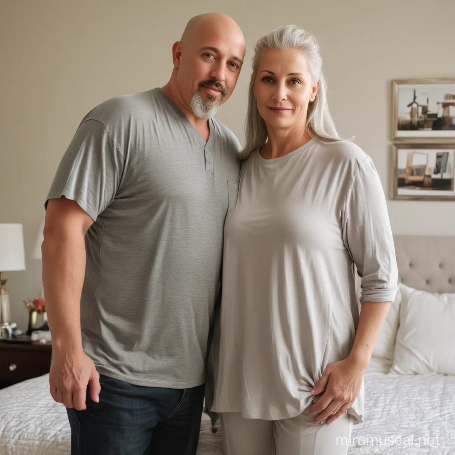 fat, 5 foot, 50 year old, bald, man, light goatee, standing in bedroom, holding  lady, 55 year old, silver hair, tall, fit, wife