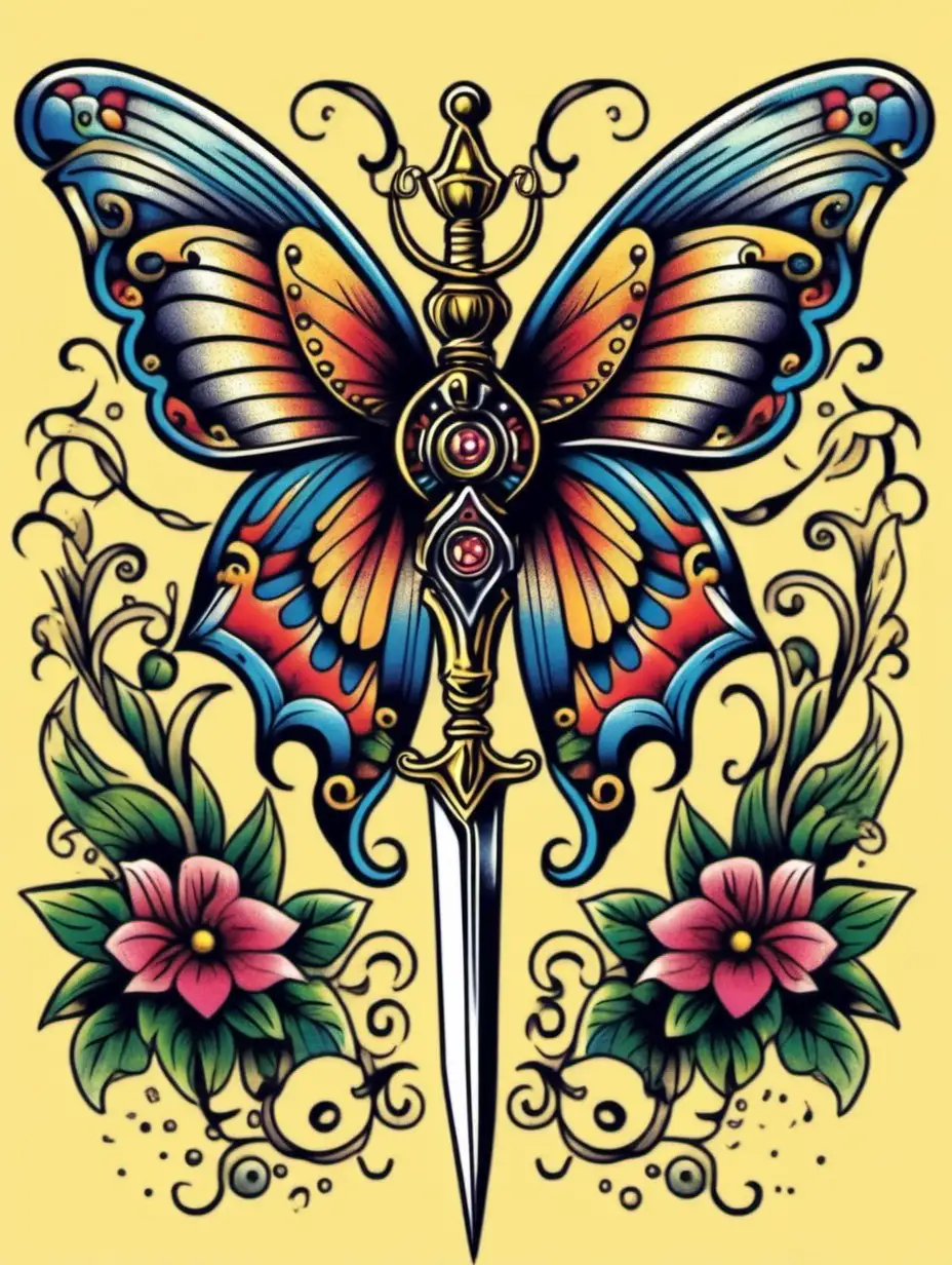 Vintage Tattoo TShirt Print with Colorful Butterfly and Dagger Design