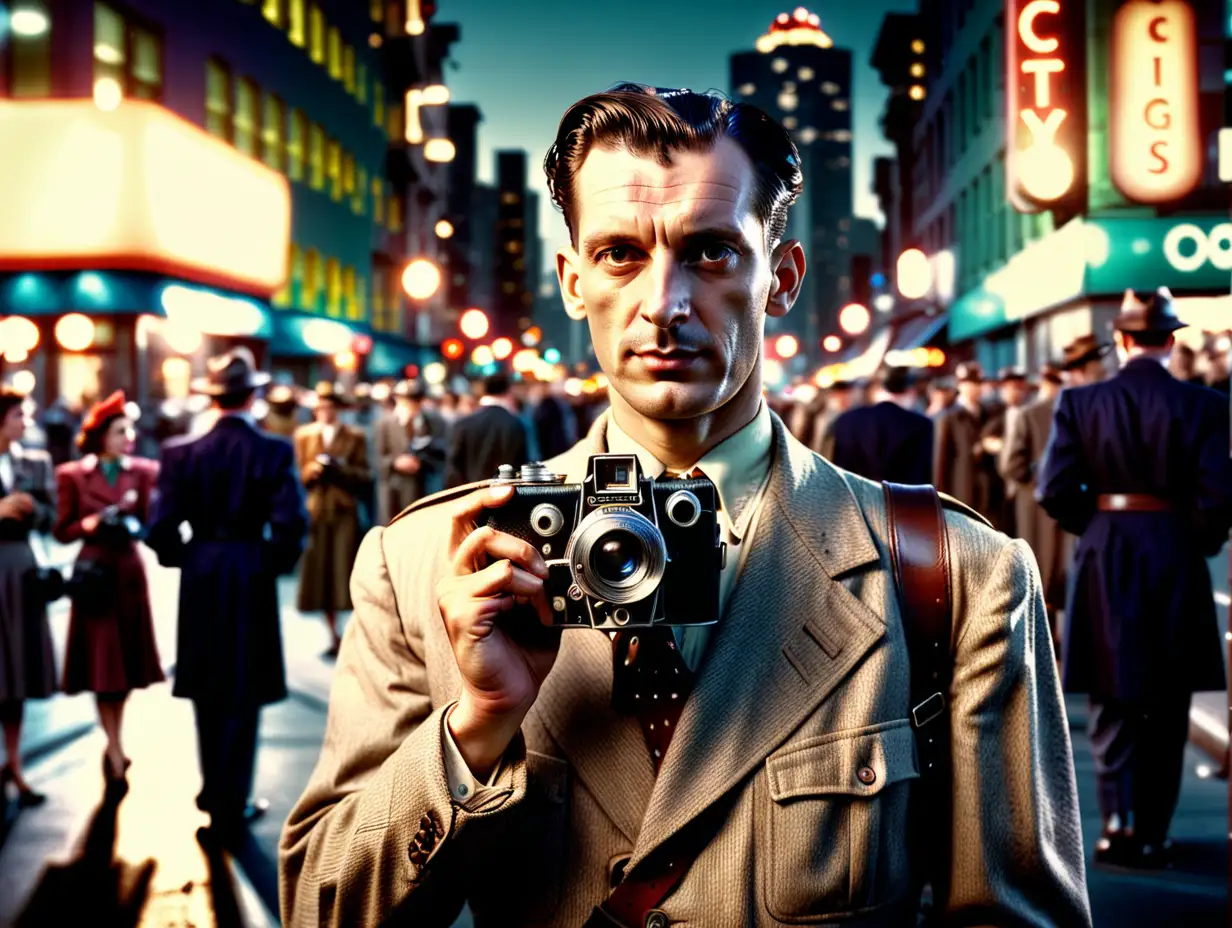 8k photograph of a 1940's-era photographer from the waist up, holding a camera, standing on a crowded city street at twilight with the city skyline in the background. Bright colors, dramatic lighting, highly realistic, photographic quality.