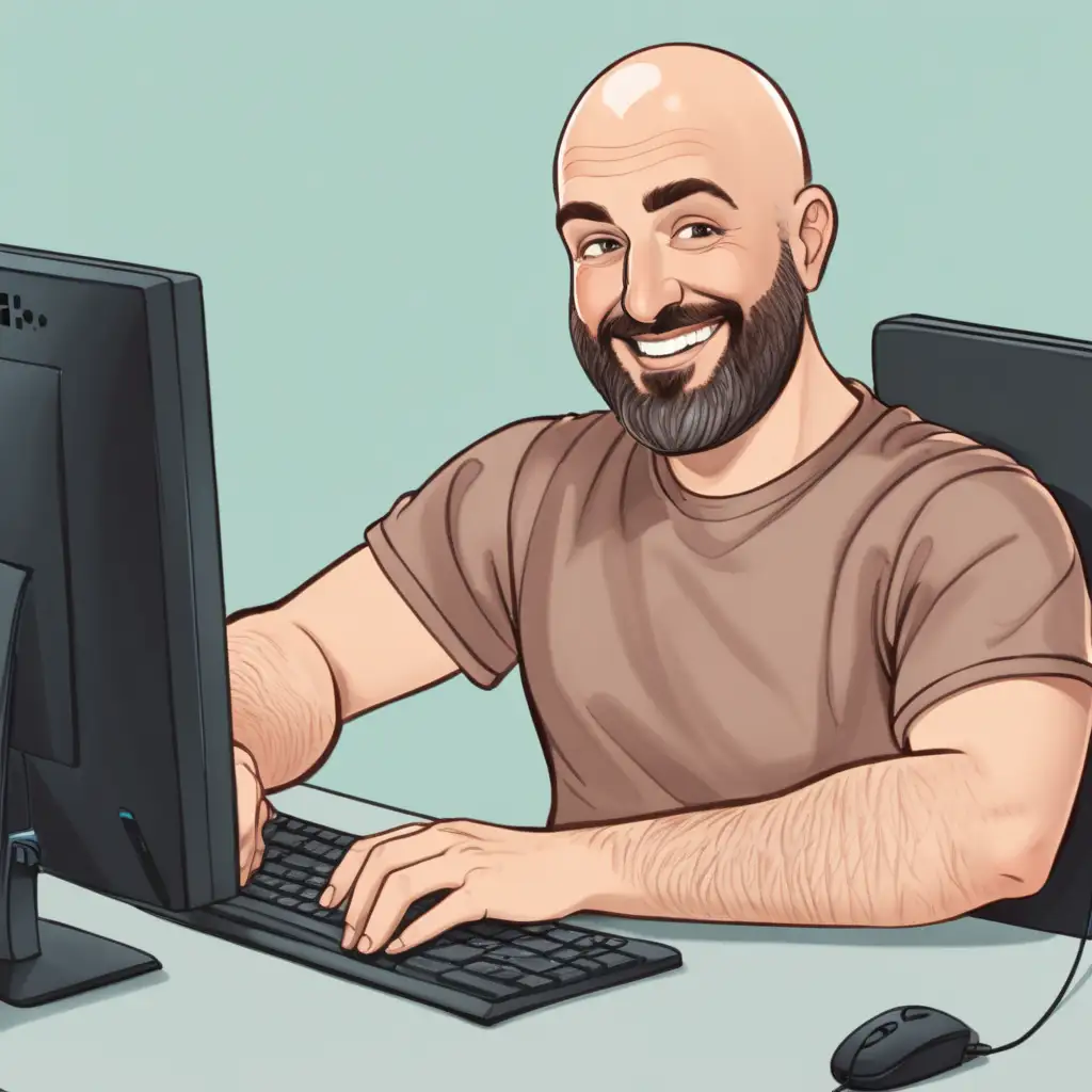 Joyful Bald Man with Short Dark Beard Engaged in Focused Computer Work