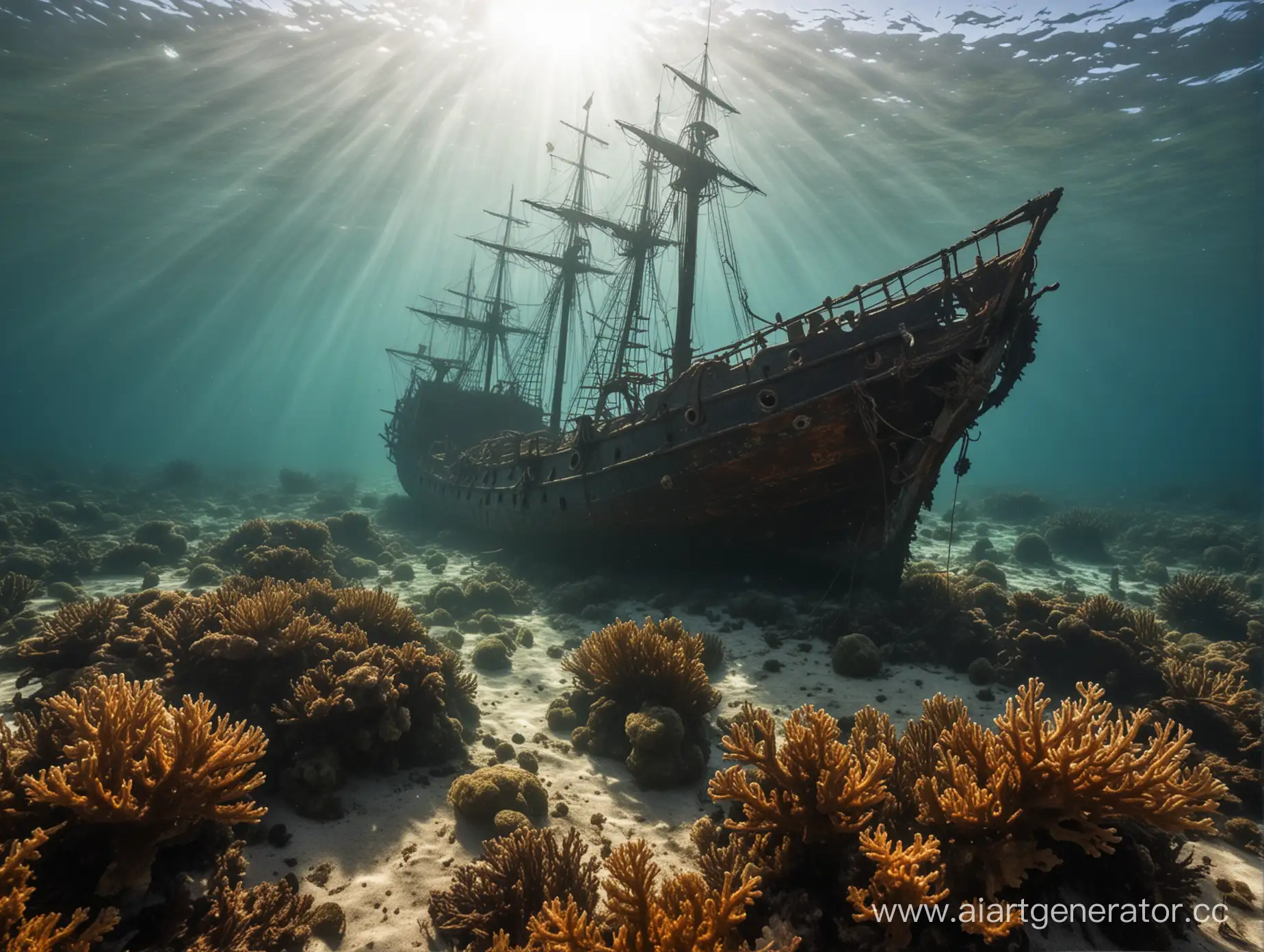 морское дно, коралы и водоросли,на дне завалившись на бок лежит старинный парусный корабль ,мачты покасились ,паруса разорваны,солнечные лучи сквозь воду освещают борт корабля.