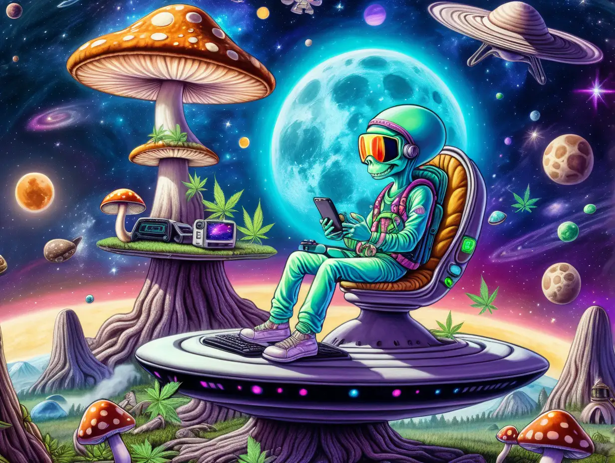 a hippie alien sitting crosslegged on top of a mushroom flying saucer playing video games in space with bright planets, space ships and the moon in the background; cannabis and mushroom themed

