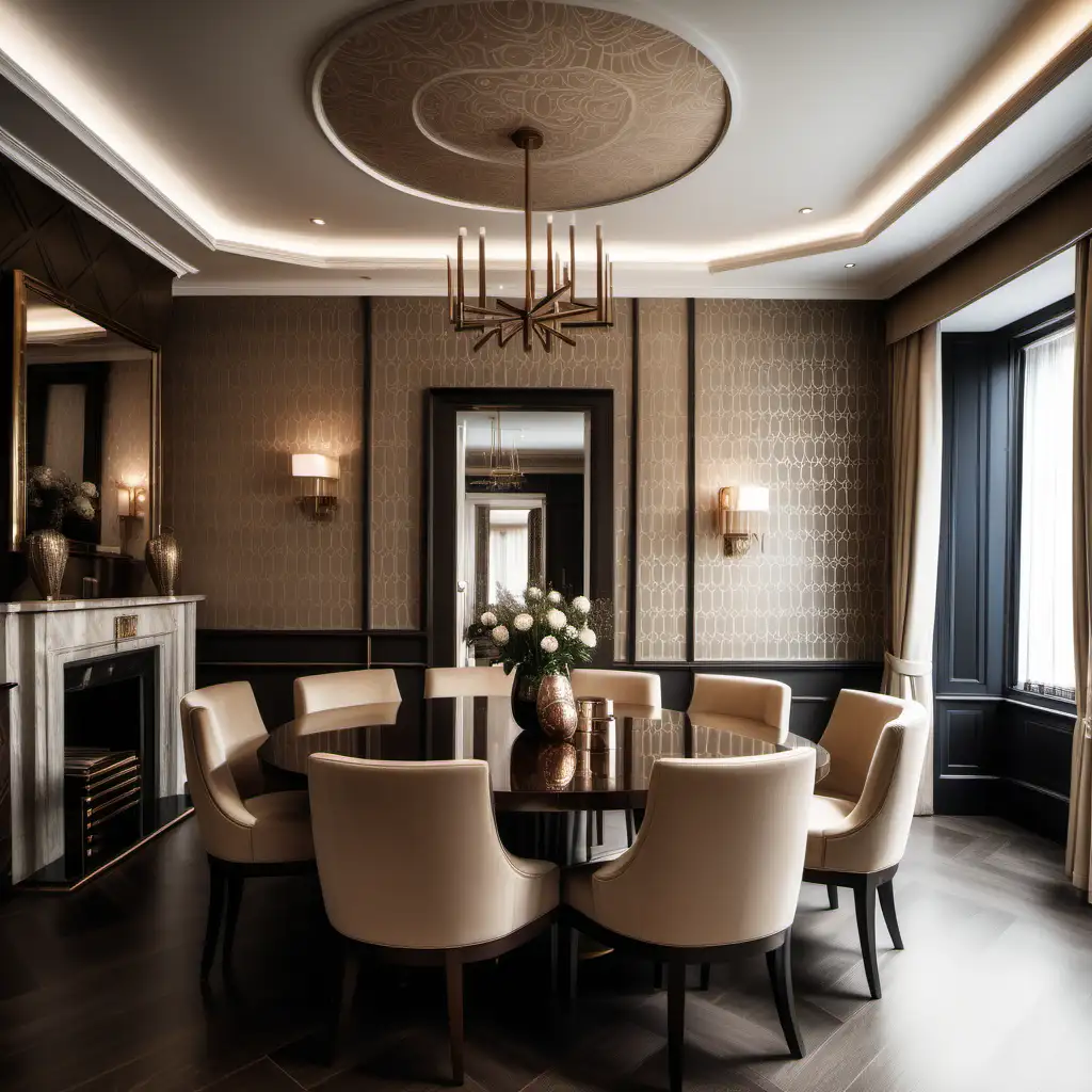 Editorial style photograph of a luxury dining room with round dining dark wood table, beige chairs with a pattern, cream texture wallpaper, mirrors bronze accents in a modern mansion in London. Realistic 8k photos with a canon 