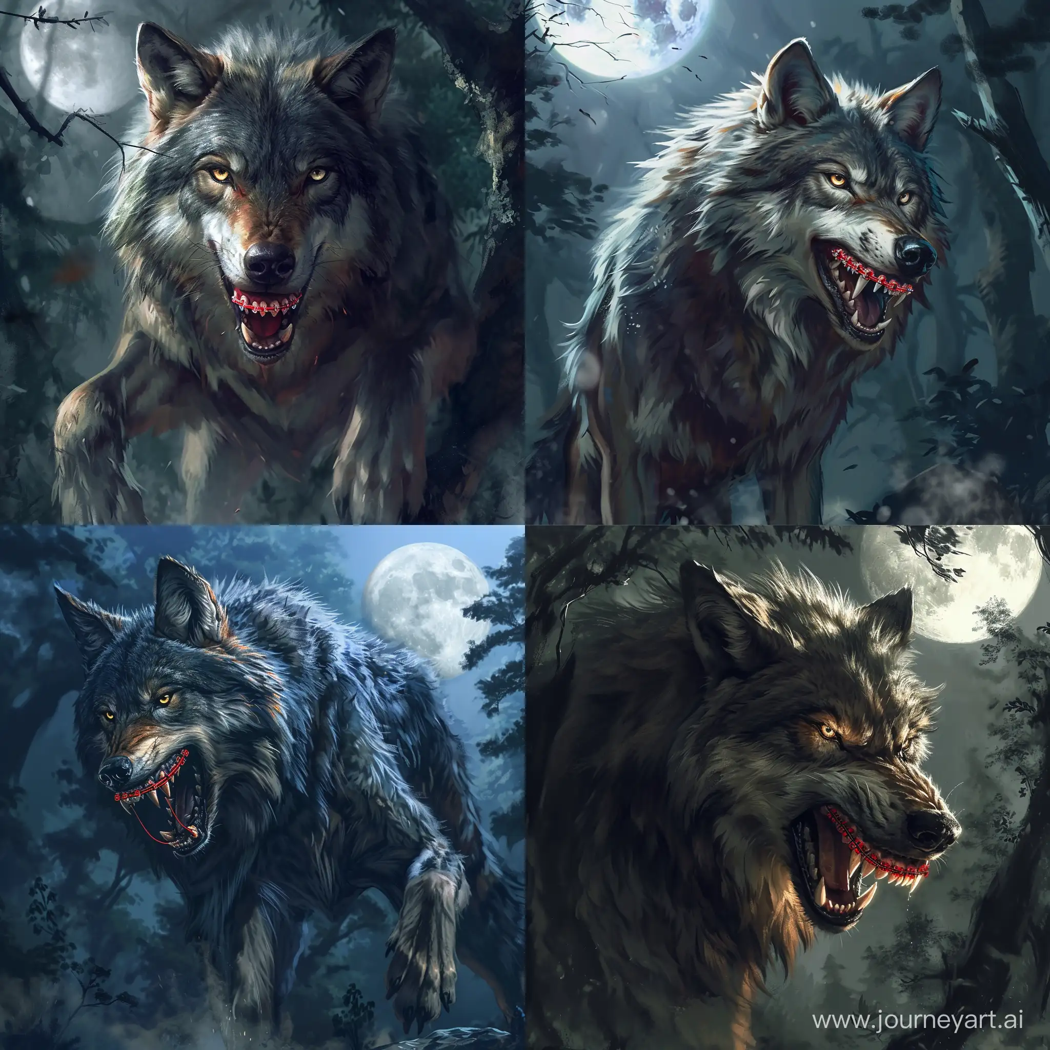 A majestic, wild wolf with a sleek coat of fur, standing proudly in a moonlit forest. Its eyes glint with an intense, fiery gaze, and its powerful jaws are open to reveal striking, razor-sharp, red orthodontic teeth. The scene is shrouded in an aura of mystery, with a hint of danger and allure in the air