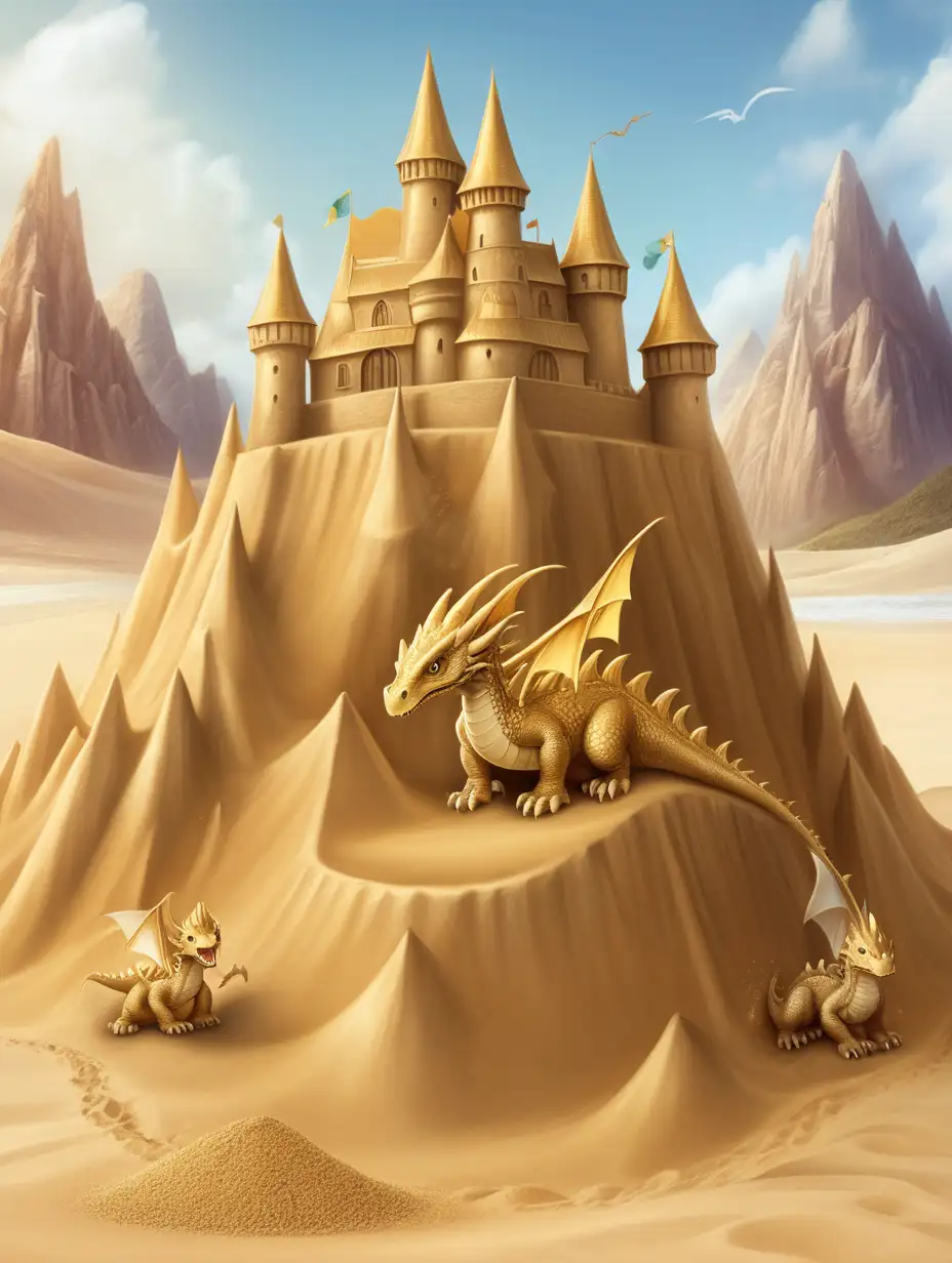 Baby Dragon Constructing Golden Sand Castle Mountain