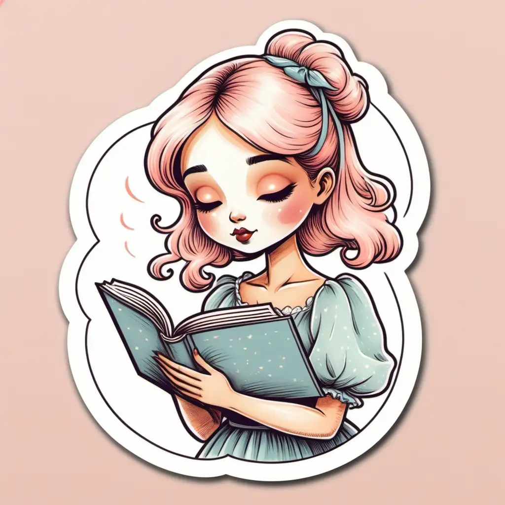 Whimsical Girl Lost in VintageInspired Book Reading Delight Sticker