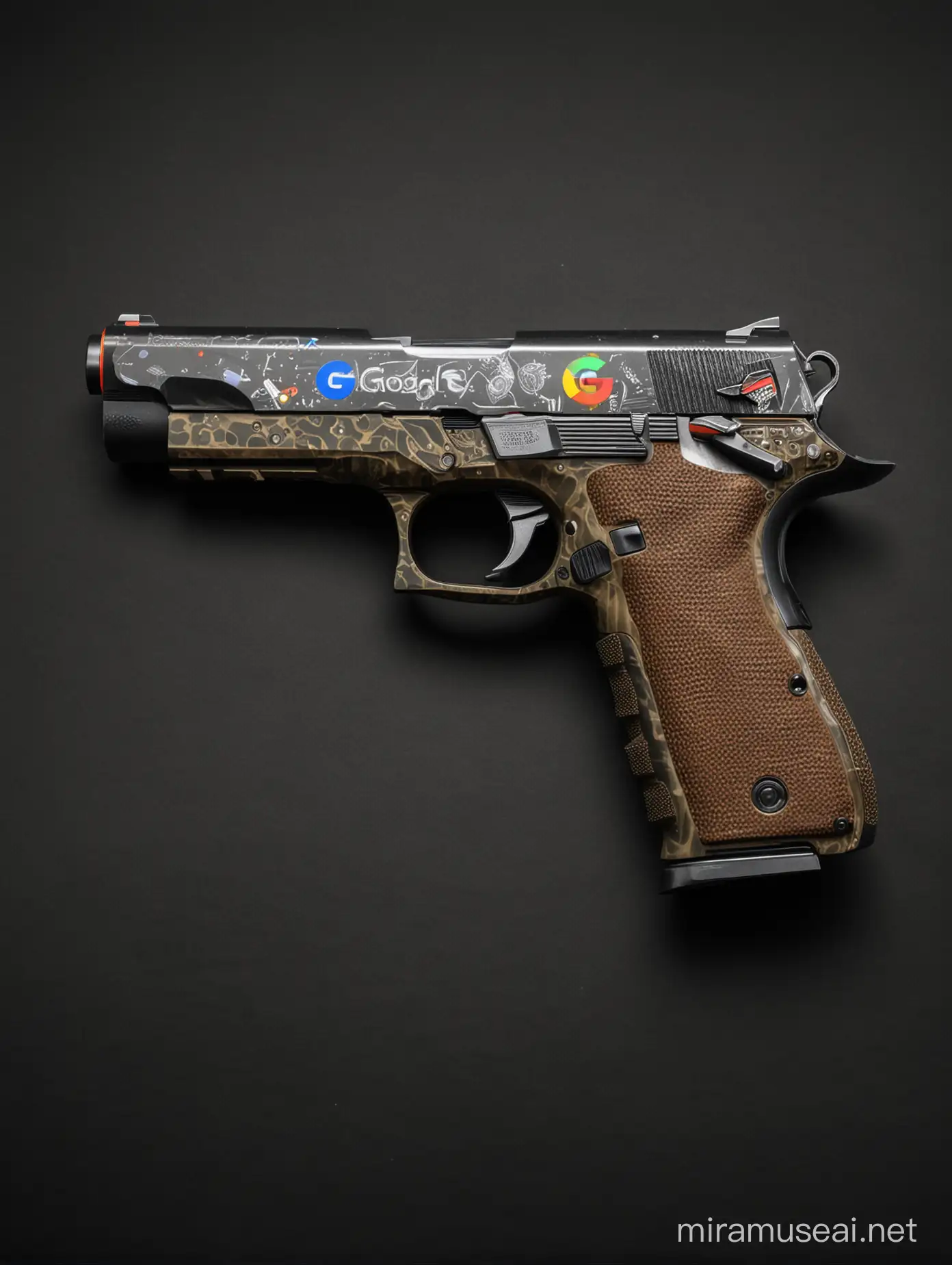 modern pistol firearm with google logo on the barrel, different colors, black background