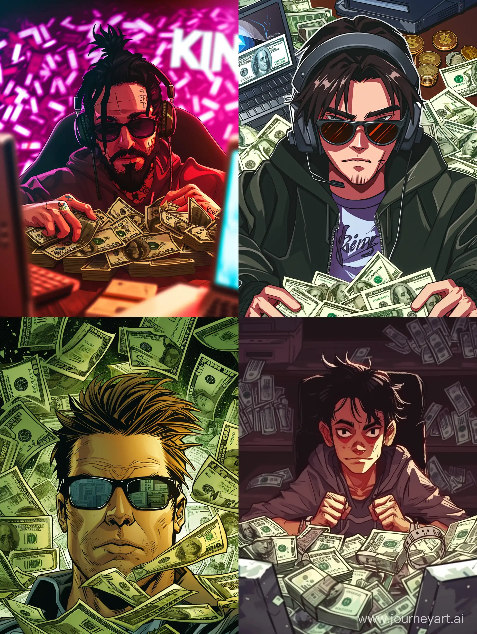 Image of a hacker character, lots of money, with the text ๖ۣۜKevin in the background