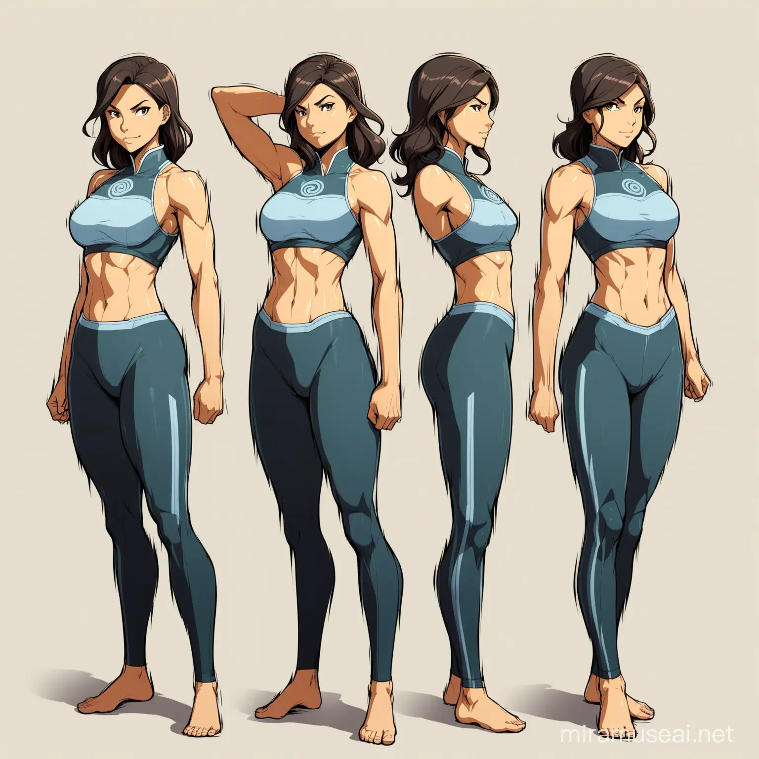 (A front view of one full body dynamic pose) a female figure, toned body, tall, beautiful, 4 different fem poses, in style of Legend of Korra 