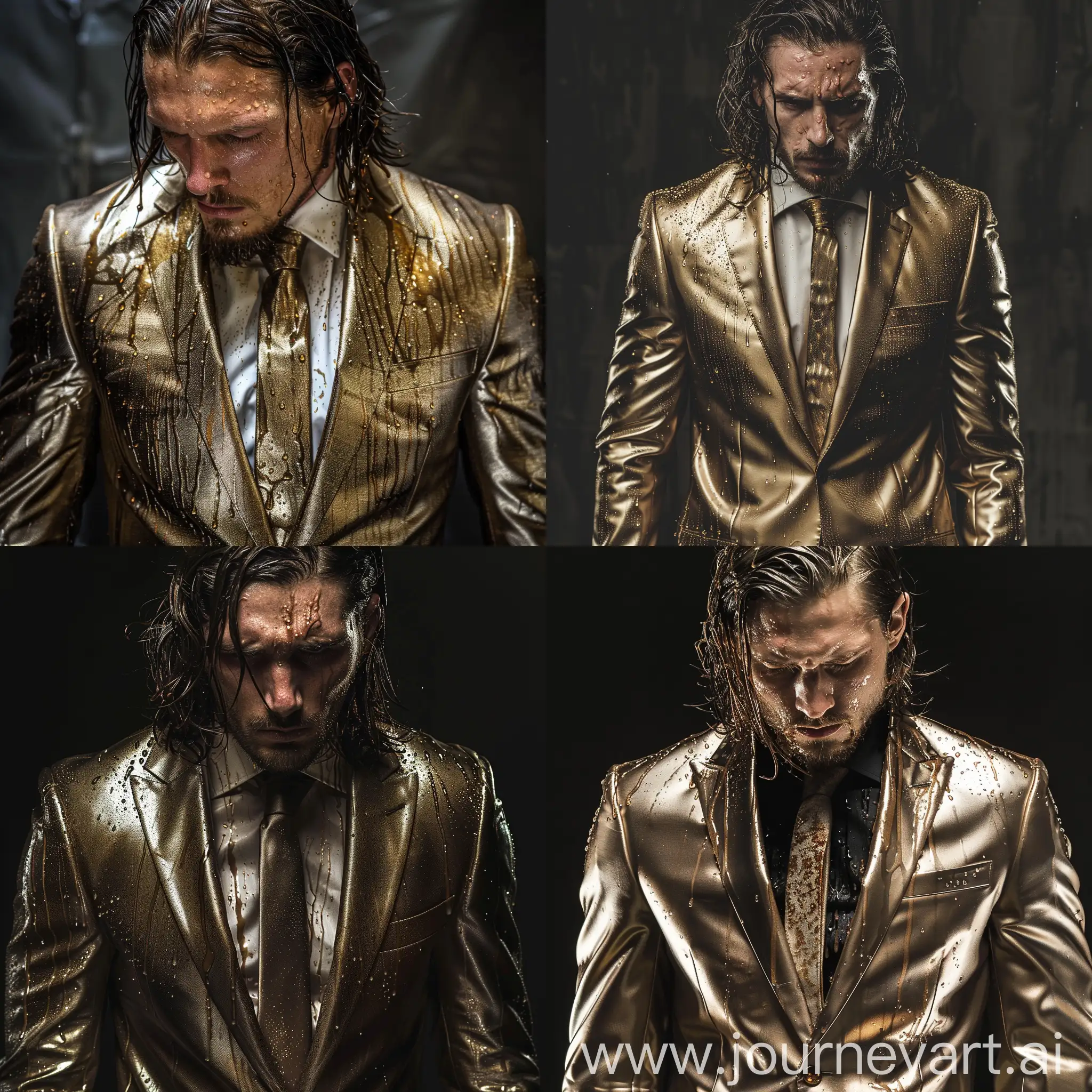 thirty year old, handsome and masculine, muscular, stubble, long length greasy hair, extremely sweaty, british conservative male wearing a very tight fitting metallic gold suit and tie, face covered in sweat