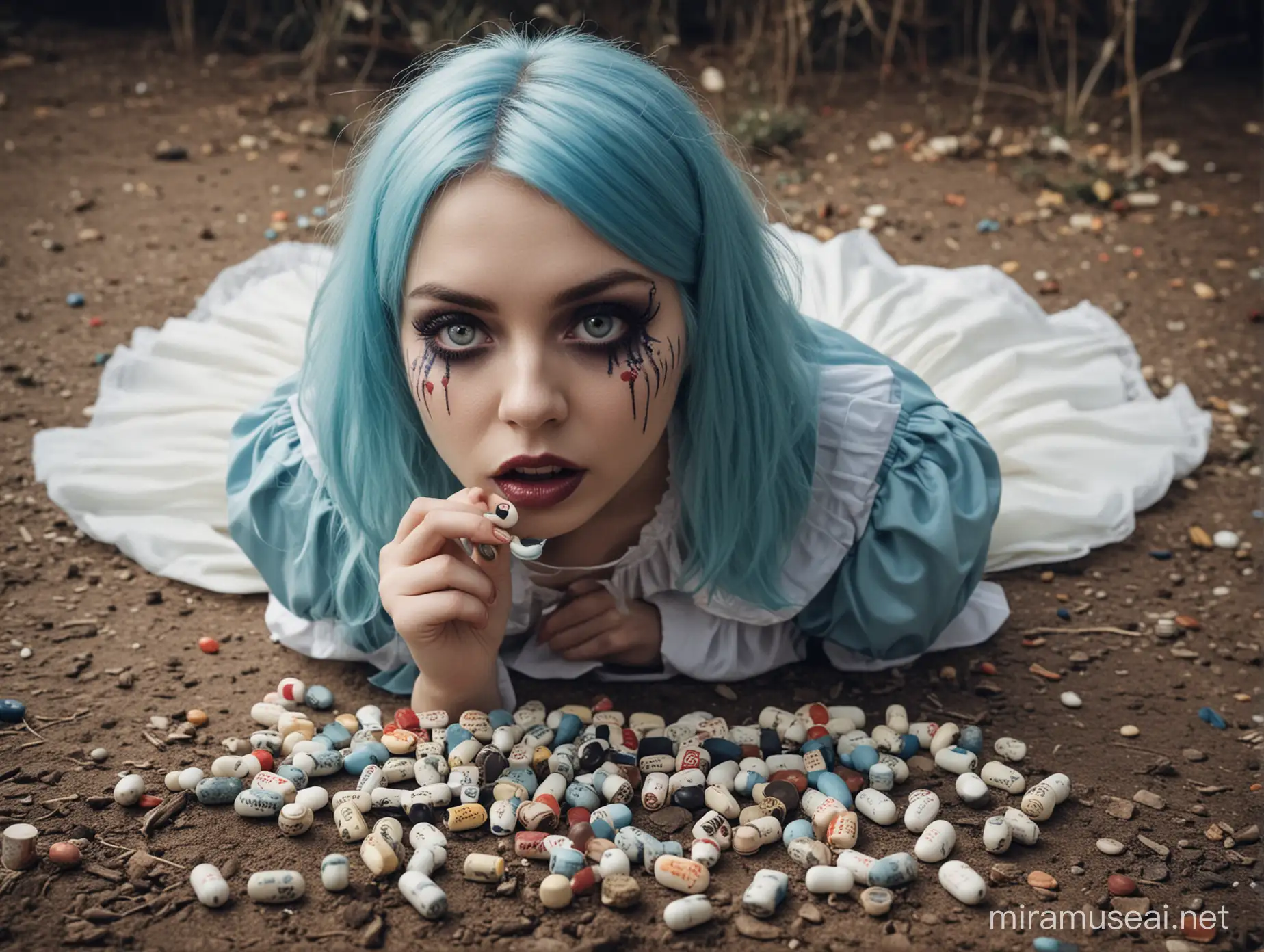 swallows pills, Alice in Wonderland horror style, cosplay, , mystery,