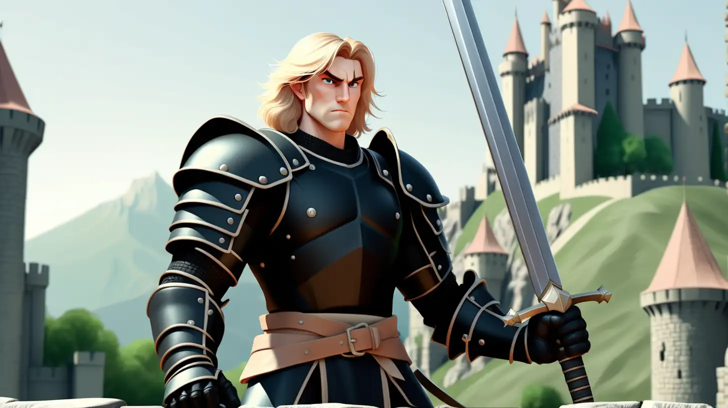 Striking Warrior with Sword against Castle Backdrop