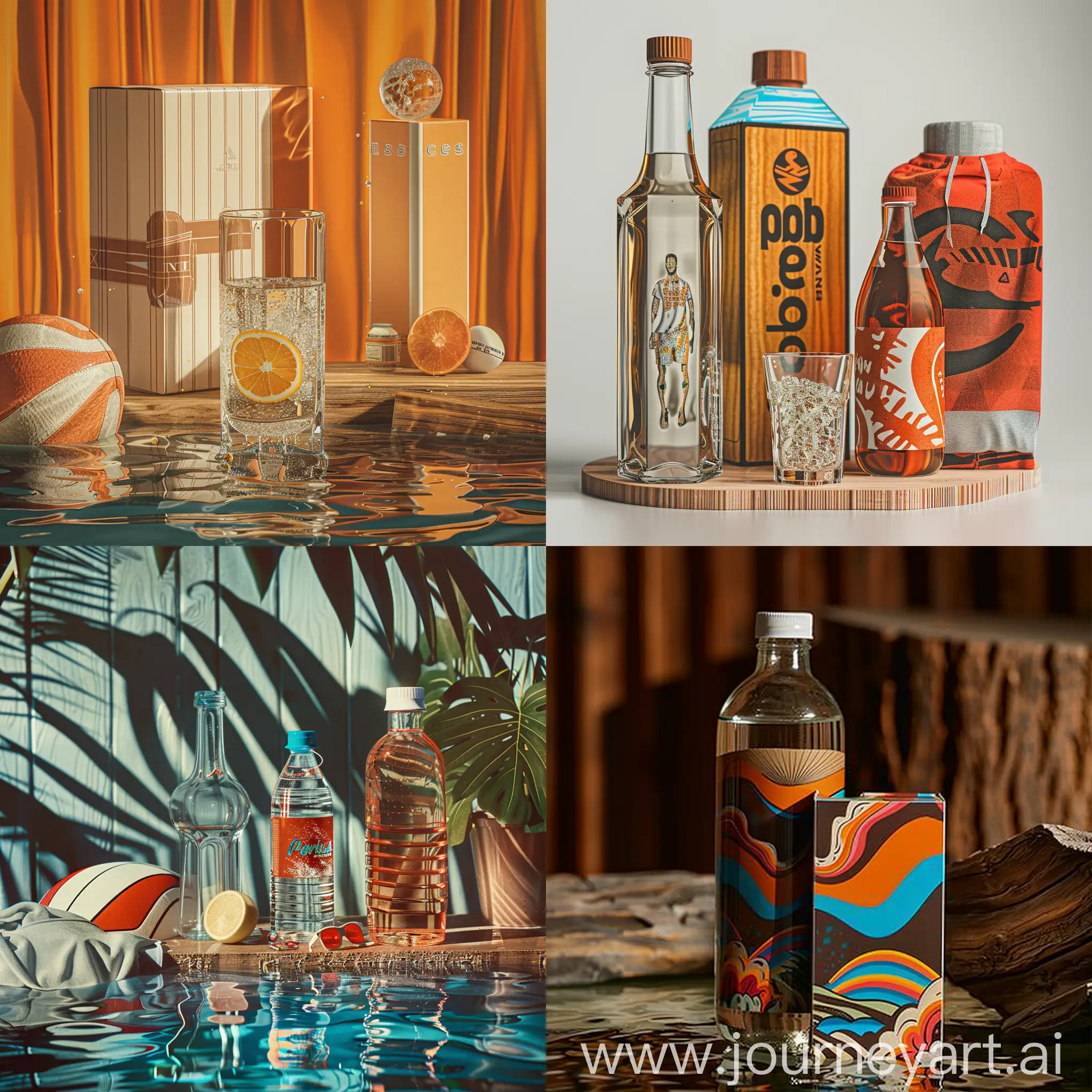 Creative packaging, commercial photo retouching, 1970s style, glass, wood, water, sports clothes packaging