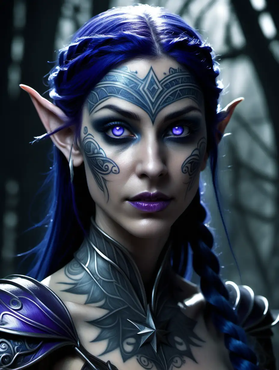 (cinematic lighting), Imperious, dark grey eyes sweep arrogantly across the surroundings of this tall female elf. Most of her head is shaven, however glossy, blue-black hair runs in a neat thick line from the edge of her hairline back over her scalp, spilling into a plume between her shoulder-blades. Her face is lean and pale, marked by a trace of cruelty; her lips, when relaxed, are set into a slight, cynical smile. An elaborate spiraling star in hues of indigo and purple has been tattooed around her left eye, framing it. Her form is lean and wiry, well muscled, intricate details, detailed face detailed eyes, hyper realistic photography,