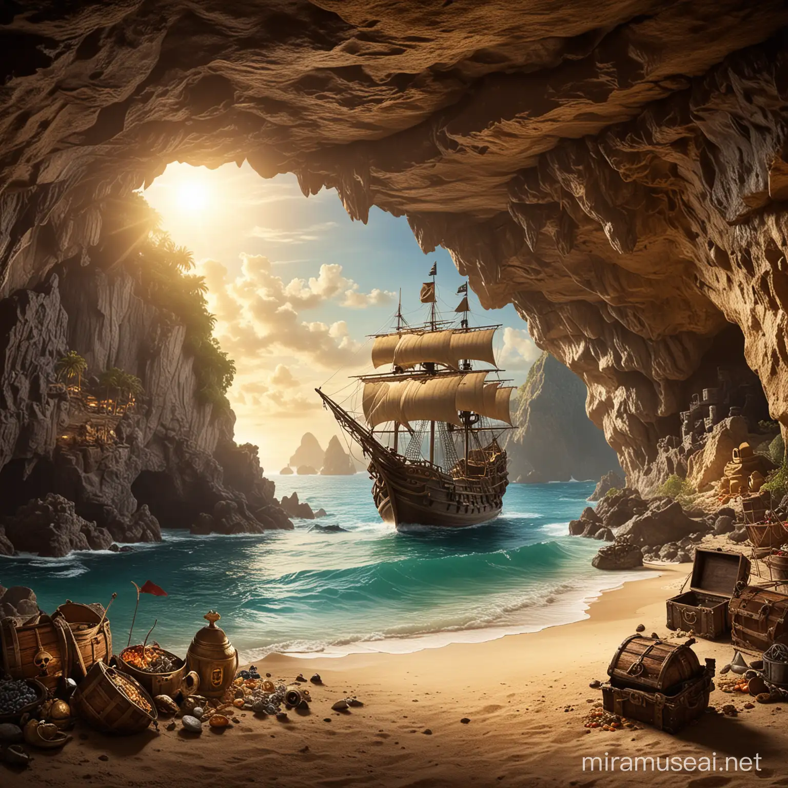 Exploring Pirate Treasure in a Mysterious Cave with a Distant Pirate Ship