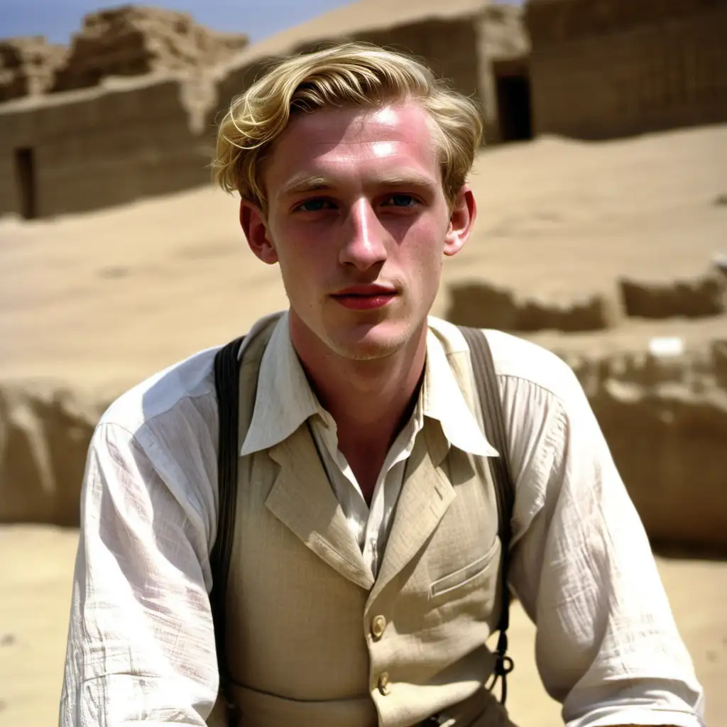 Full colour image. An Englishman in his mid 20s. He is tall, lean and blonde with a prominent chin and nose. His lips are curled into a slight sneer. He wears a linen shirt and waistcoat. Background is an Egyptian dig site in the 1920s.