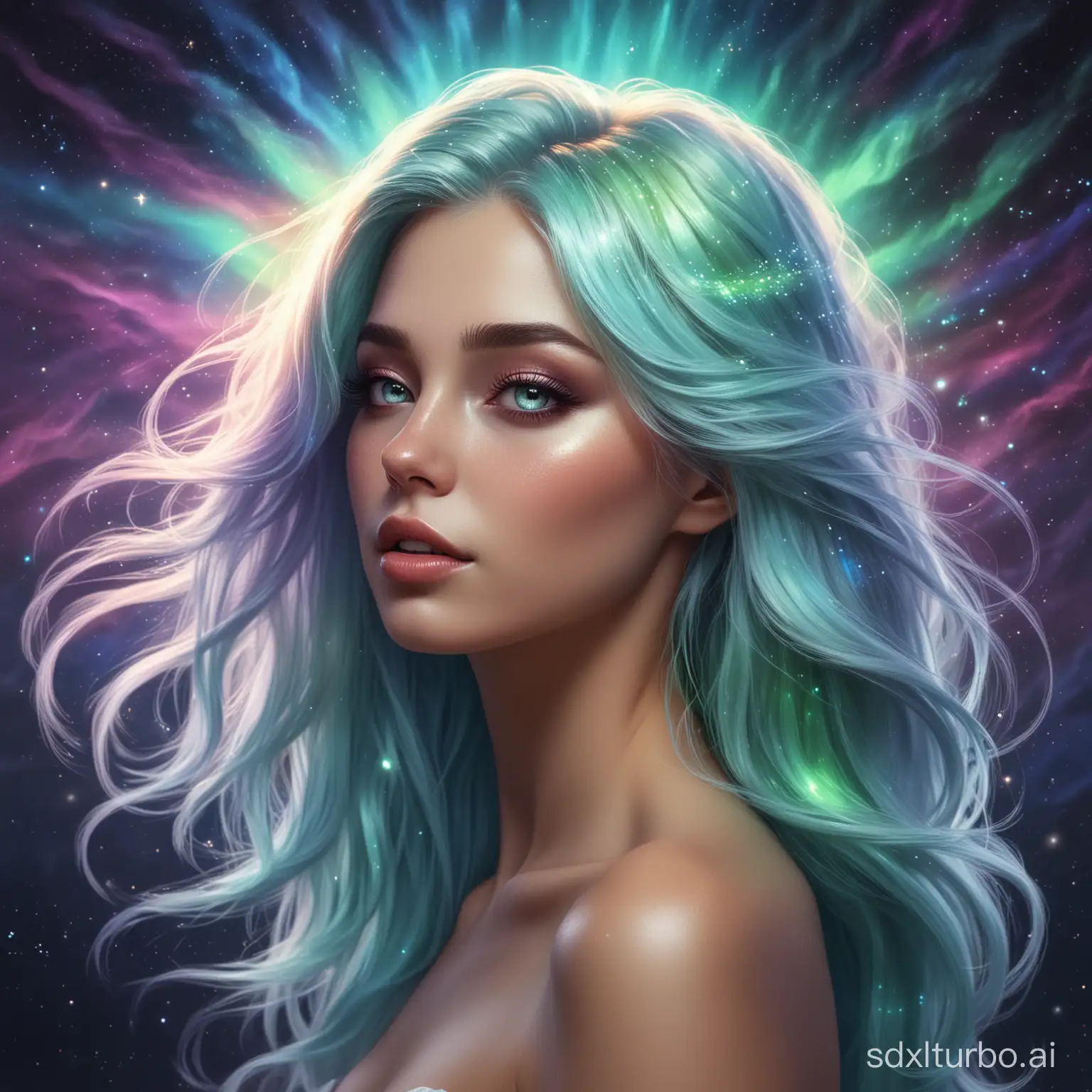 realistic, fantasy, dream, woman with magic aurora borealis hair