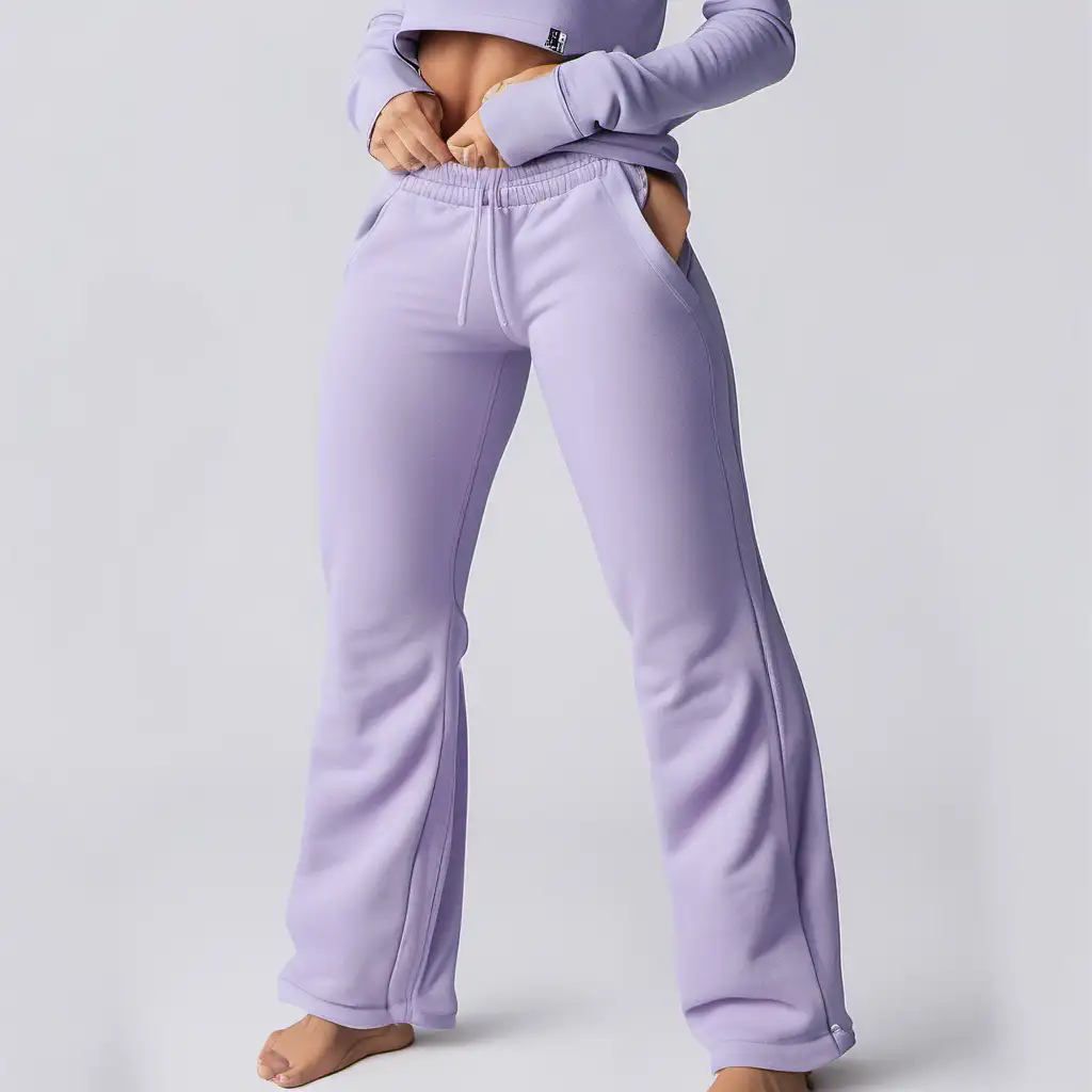Generate 4 images from diffenet angles of this women's flare fit sweatpants in lavander colour from 4 different angles and one back angle
