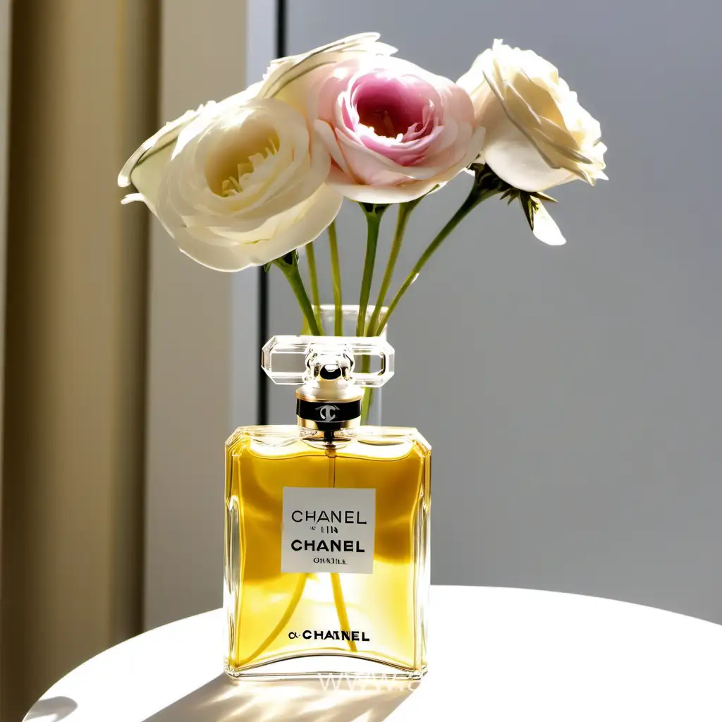 Sunlit-Room-with-Chanel-Perfume-Bottle-and-Flowers