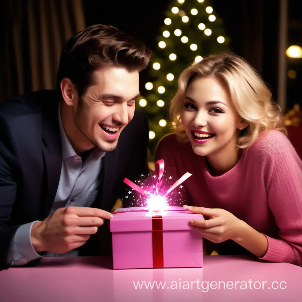 It consists of 2 photos, with the dividing line in the middle.
The left part is on the night of Christmas Eve, with a restaurant in the background. The picture must show an American man and an American woman. The man gives the woman a gift, and the woman is opening the gift box. The outside of the gift box is pink, and the gift box is opened. Halfway through, the lady showed a happy expression. The woman shows the front and the man shows the side. The woman's expression is very happy. Please use real scenes, and the pictures shown need to be taken by a Canon D60 camera.
The right part is solid pink with 3 round diamonds at the top.