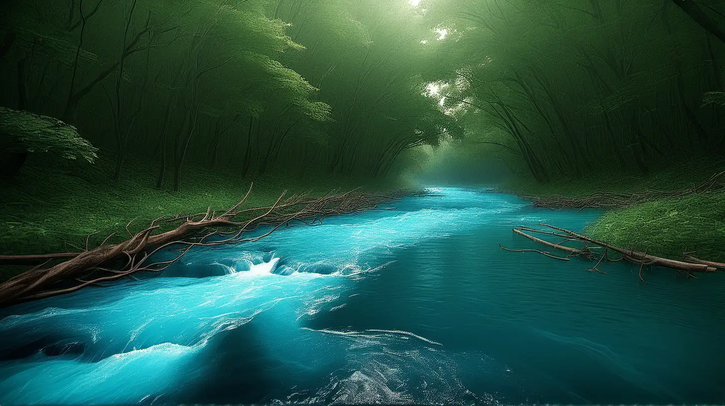 Tranquil Cool Blue River Flowing Through Enchanting Woods
