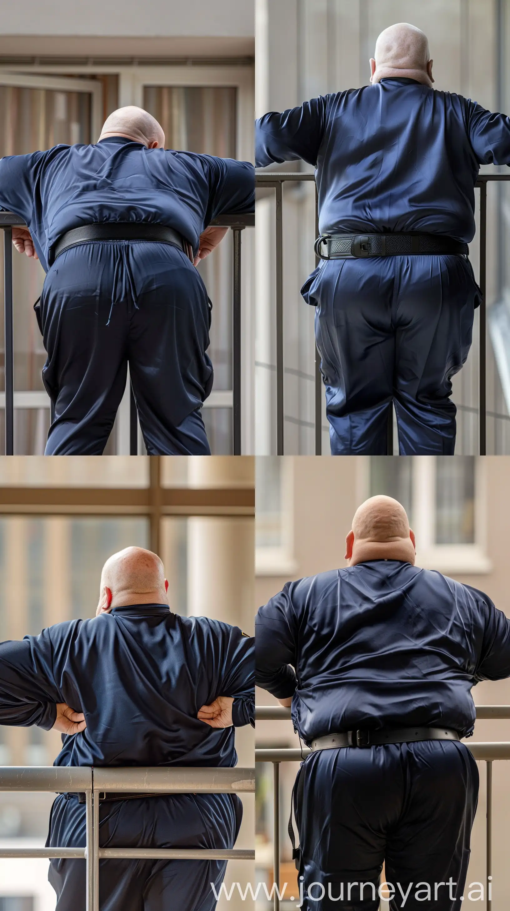Back view photo of a fat man aged 70 wearing a silk navy tracksuit. Black tactical belt. Leaning on both elbows on the railing of a balcony. Bald. Clean Shaven. Natural light. --style raw --ar 9:16