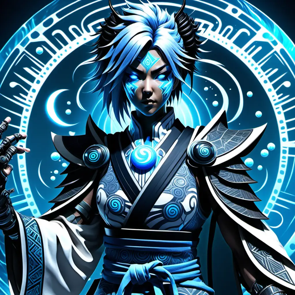 high definition simulation of a video game world boss character creation screen with cyberpunk Samurai ninja, Knight with armor and yingyang eyeballs With glowing elemental shadow fists wearing a beautiful ice kimono with white black and blue sacred geometry and armored shoulder guards with anime hair With glowing water fists wearing a beautiful frozen kimono with blues typhoon water black and blues snow sacred geometry and armored shoulder guards