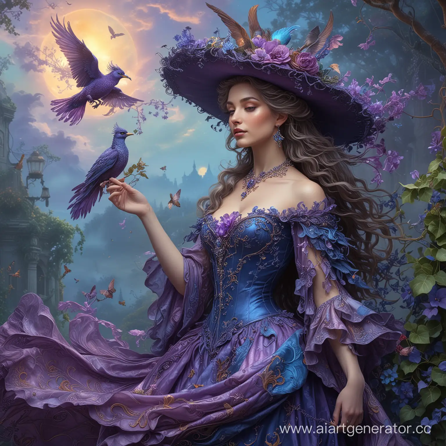 Enchanted-Witch-with-Firebird-in-a-Josephine-WallStyle-Fantasy-Landscape
