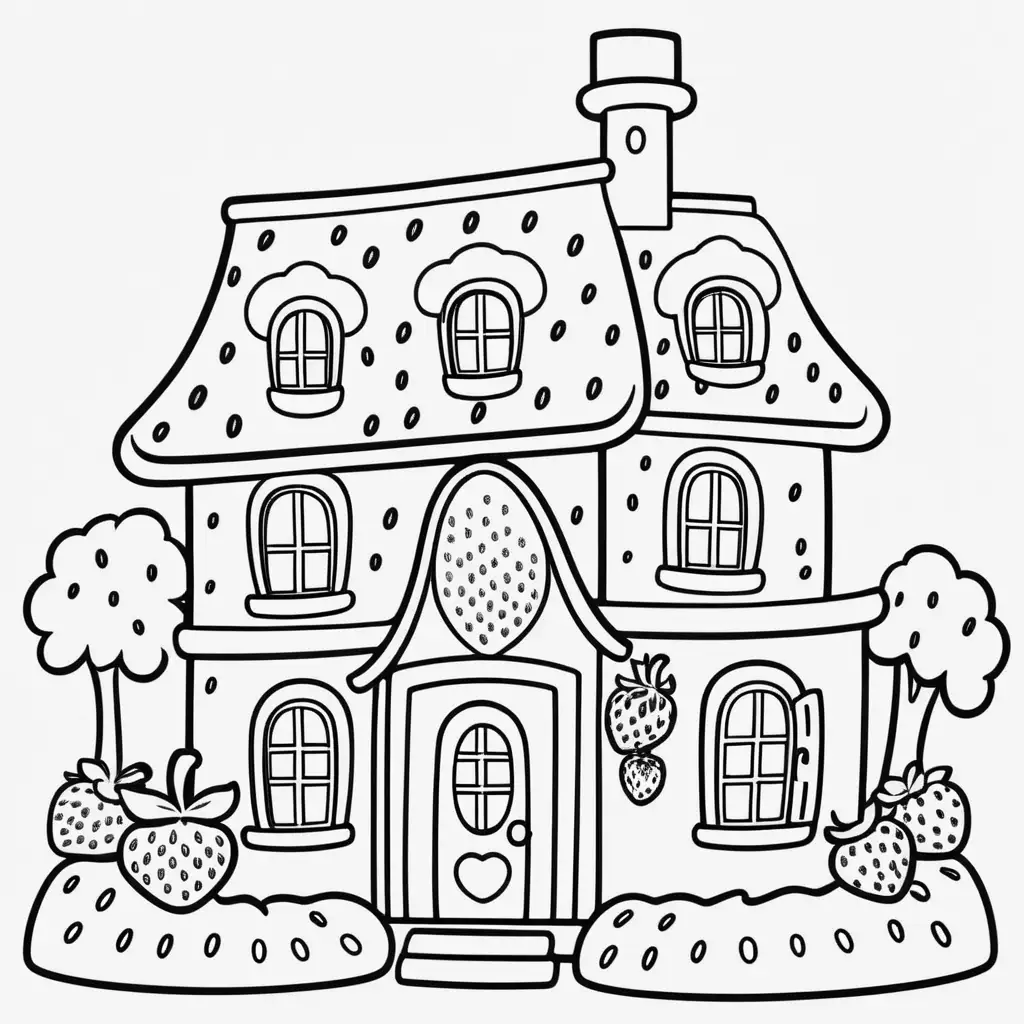 strawberry shortcake house, coloring book page, simple 
and clean line art, children drawing book. Black 
and white, crisp black lines, sharp lines. Simple 
coloring page for kids, 
 cartoon style, very white background, no 
shades