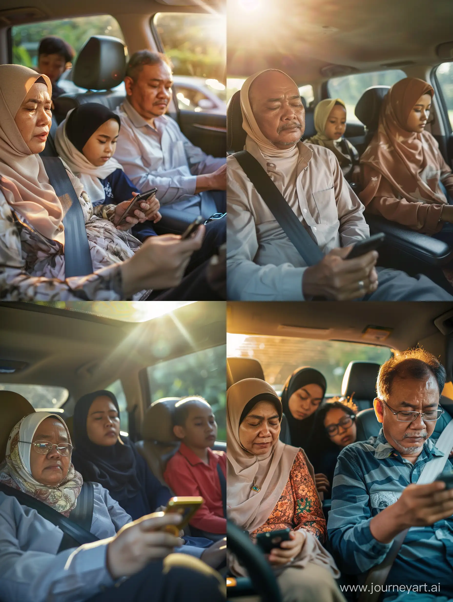 Ultra realistic, close up . atmosphere in the car. Malay family. father is driving My mother sat next to me while looking at her mobile phone. his two teenage children sitting in the back looking at each other's mobile phones. mother wears a hijab. Dad drove with a sleepy face. they are on their way to go on vacation. there is sunlight. canon eos-id x mark iii dslr --v 6.0