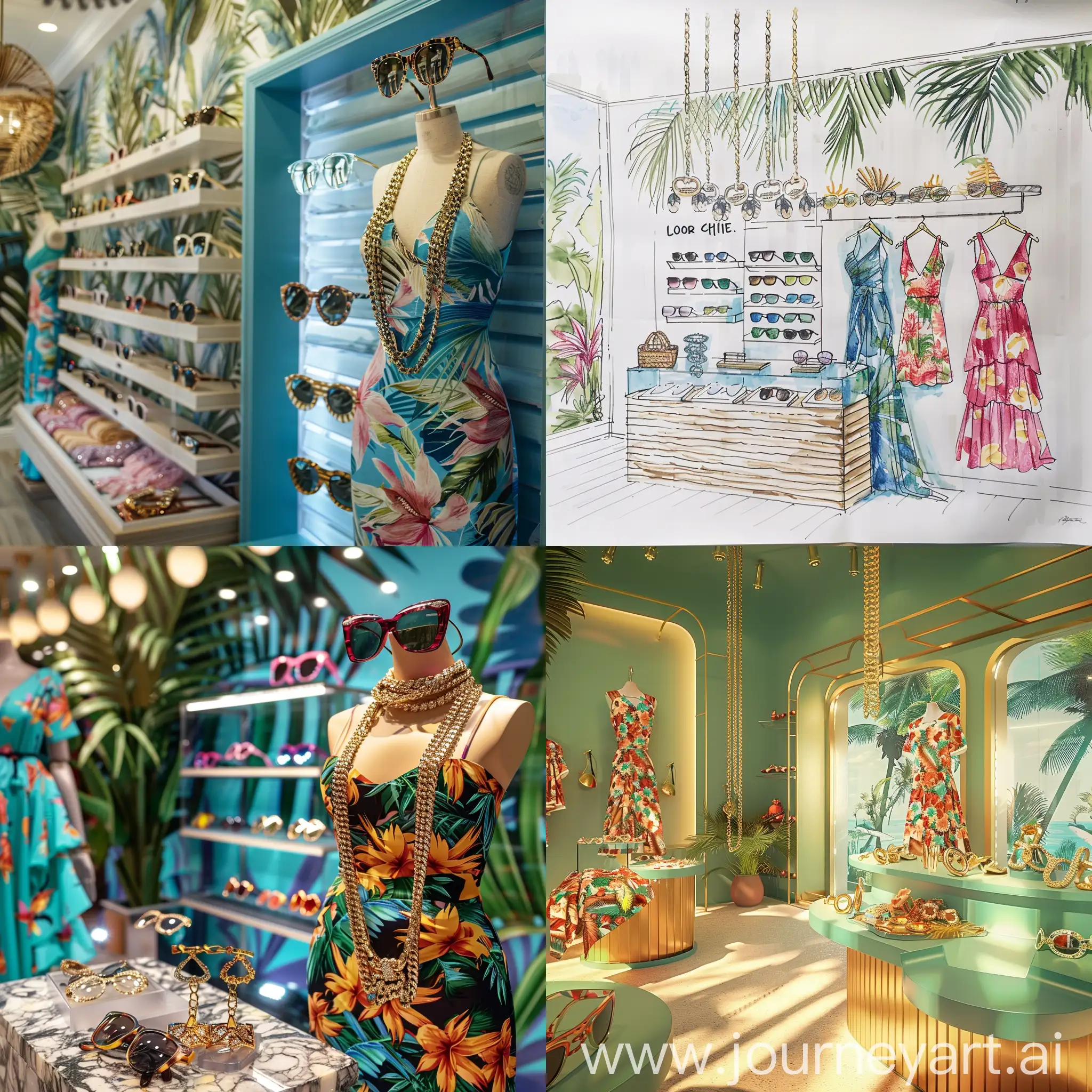 Quiero los planos de una tienda tropical, donde se vende accesorios de playa, cadenas, lentes de sol, vestidos de muy alto prestigio que se llama tropic chic
