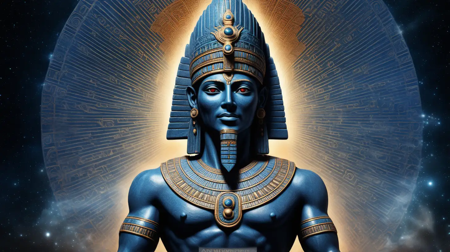 A striking depiction of the Anunnaki god Anki, portrayed in full body, emanating a majestic aura. Every detail is intricately captured, showcasing Anki's divine attributes against a celestial backdrop, inspired by the mythical tales and the regal nature of Anunnaki gods.