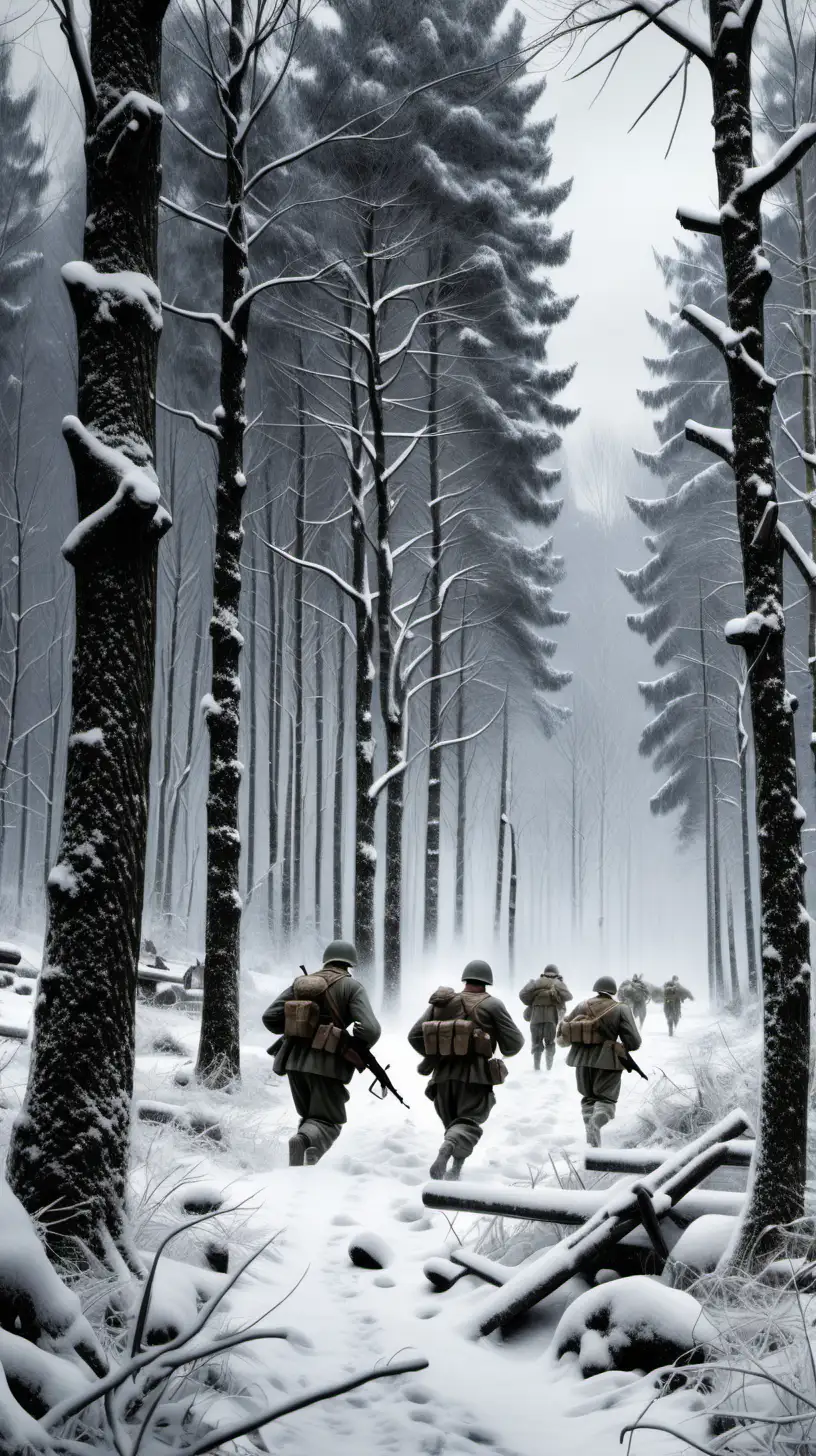 Soldados del ejercito de los estados unidos en combate en el nevado Bosque de las Ardenas, invierno de 1944, estilo hiperrealista, fotorealismo, cinematografía