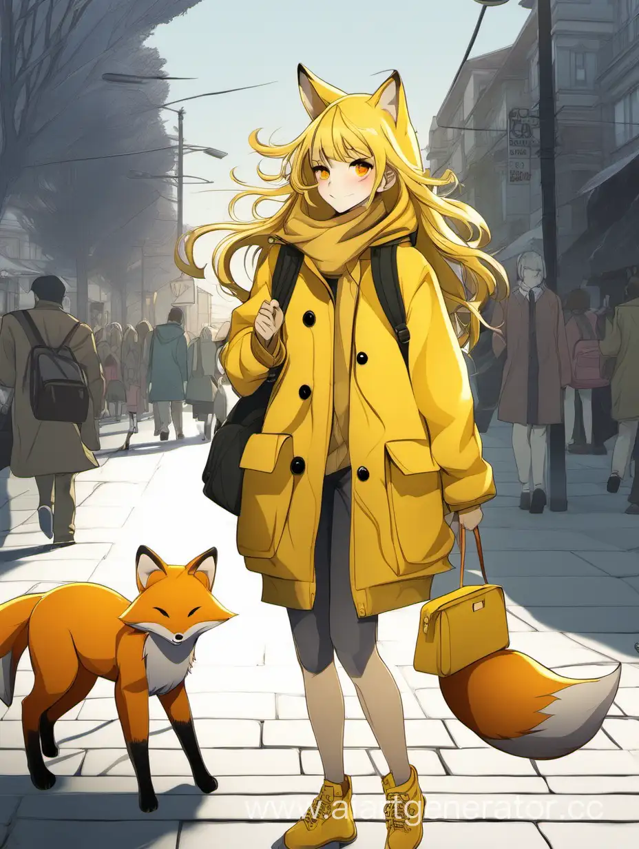 лиса девочка в желтом плаще с желтым рюкзаком идет по улице