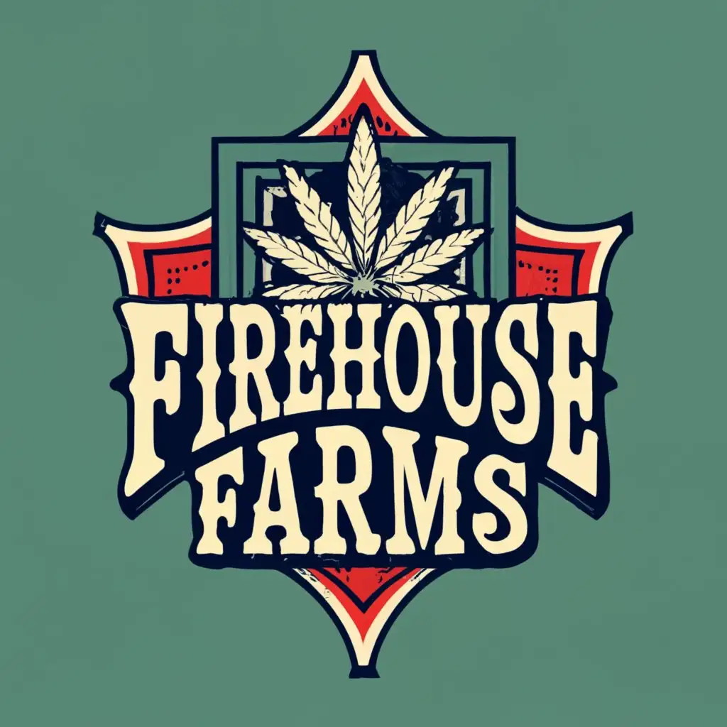 logo, vintage American traditional inspired Maltese cross firefighting cannabis leaf, with the text "Firehouse Farms", typography