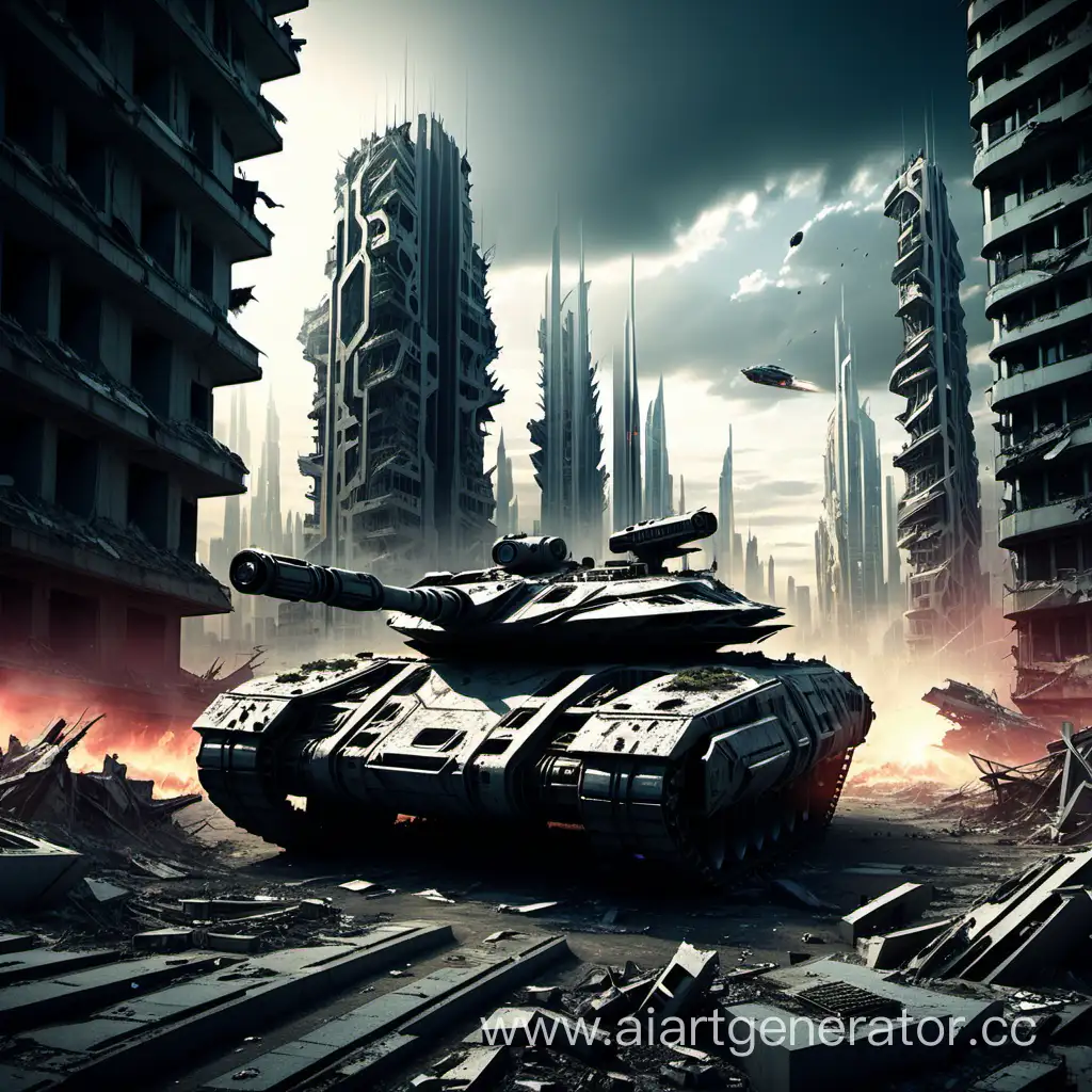 futuristic destroyed city landscape, futuristic tank