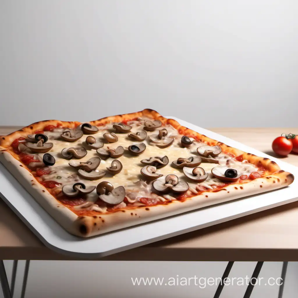  A table with a rectangular pizza. The table is made of wood and has a rectangular tabletop. The pizza is topped with cheese, tomatoes, and mushrooms. The pizza is served on a white plate. The background is a white wall. The lighting is bright and even. The overall mood is simple and clean.  Style: realistic
