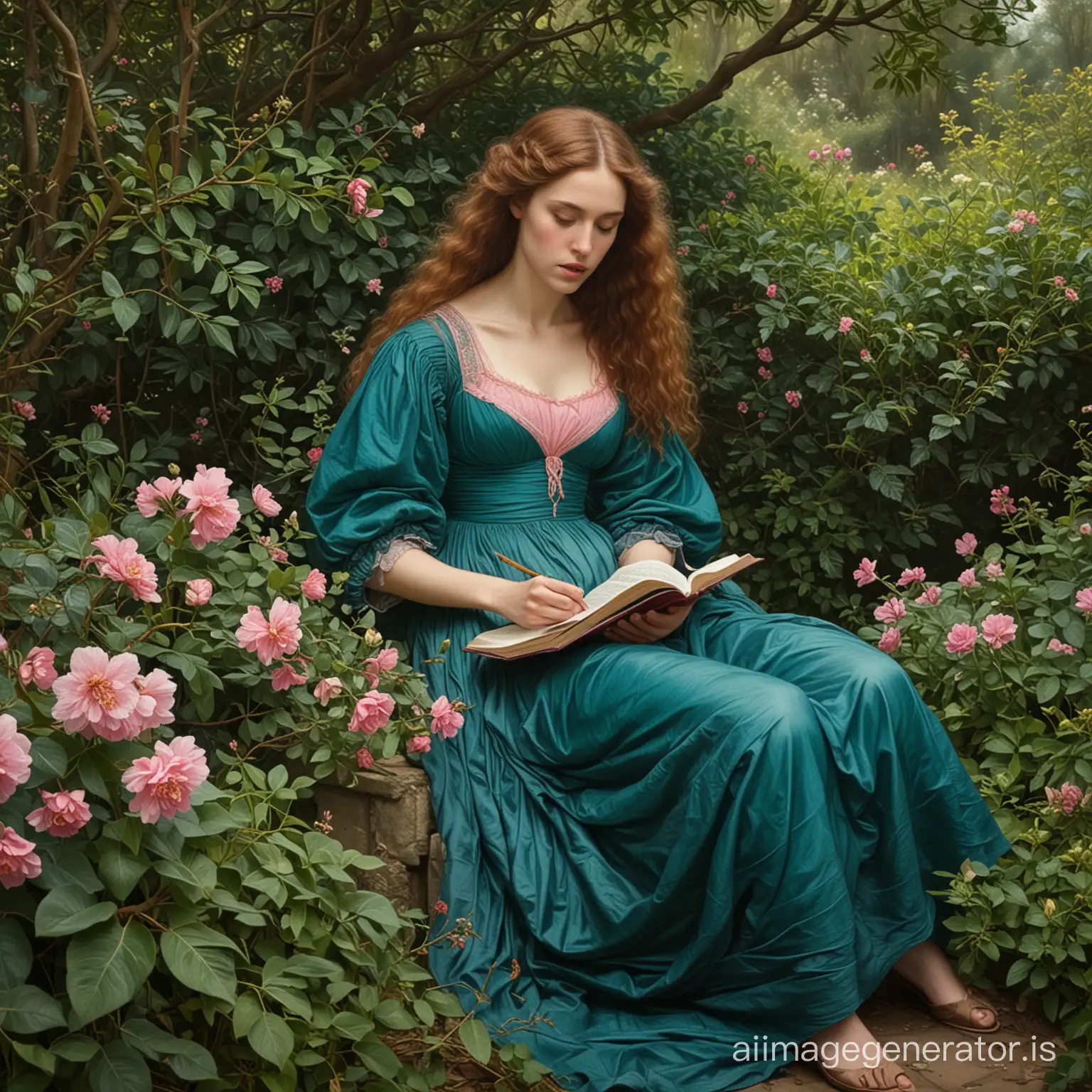 A masterpiece, a painting of the Pre-Raphaelites, a young woman with dark hair sitting in the hedges of hederas, full-length, diagonal angle, a dark turquoise dress, an open book, a not fully bloomed pink flower in hand, through the branches of plants we see the exit from the thickets, sunbeams breaking through from there, in the style of the artist Dante Gabriel Rossetti.