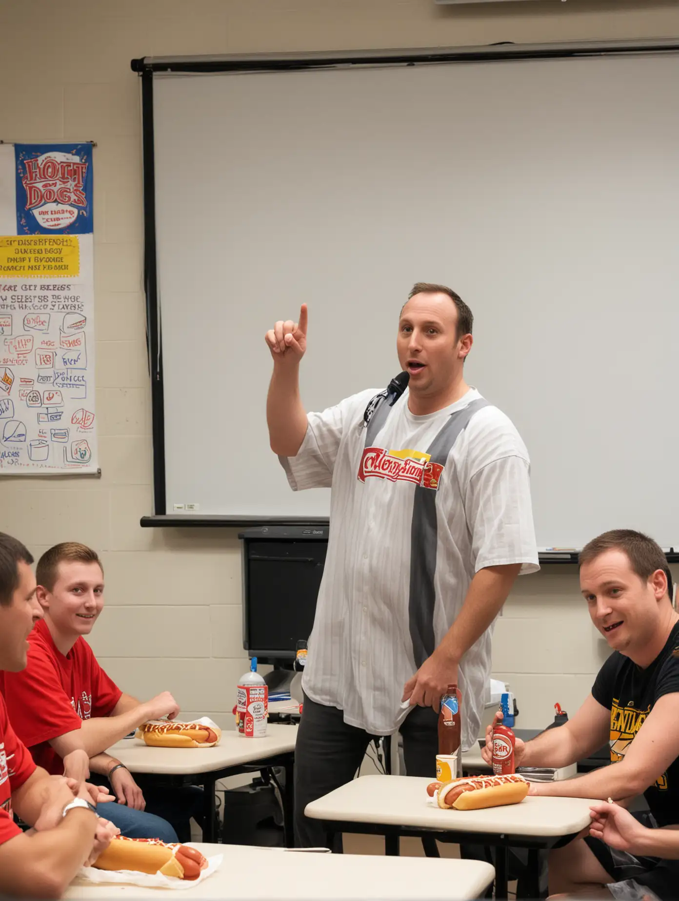 Joey Chestnut in the front of a classroom doing a presentation about hot dogs


