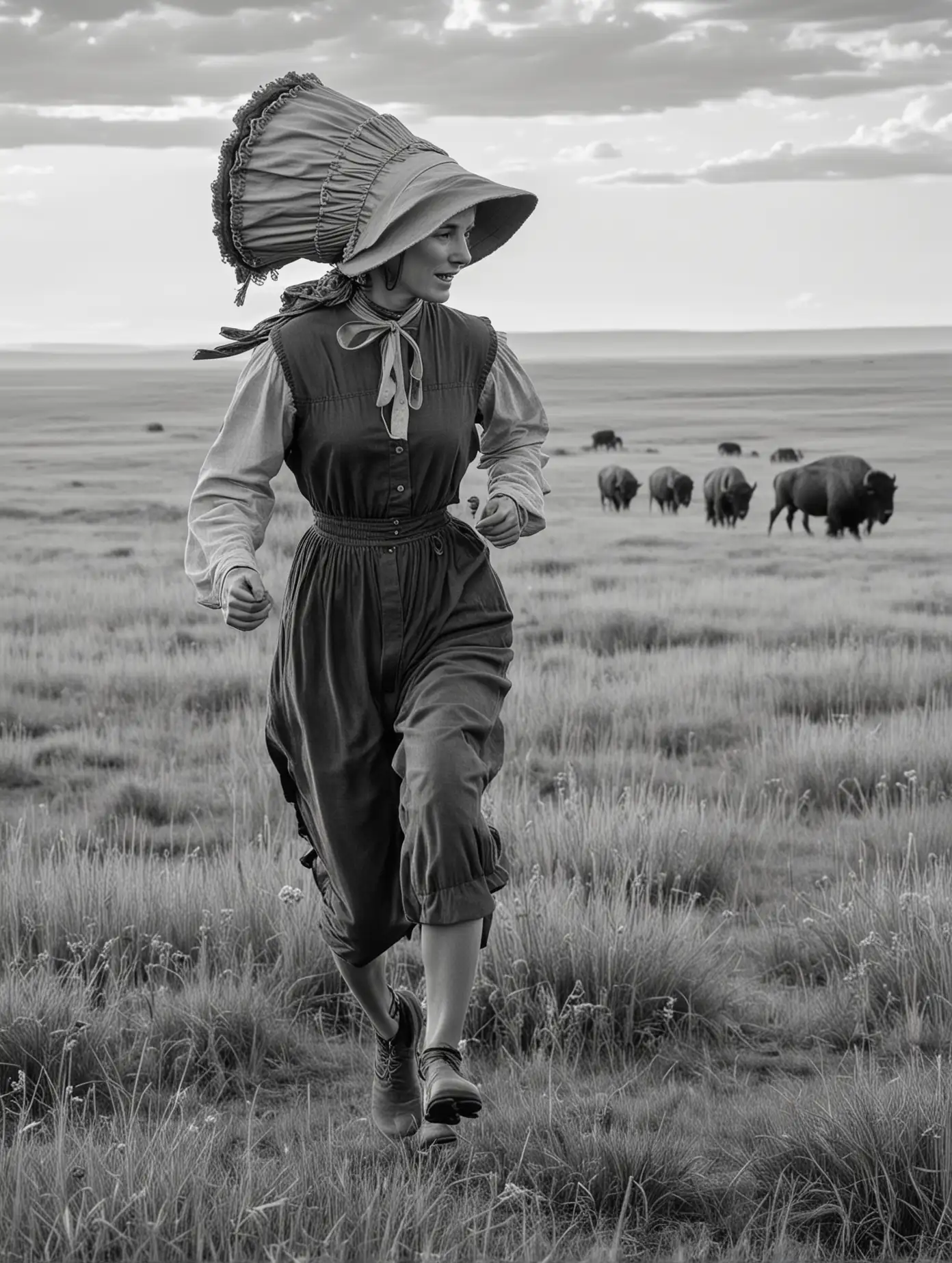 Pioneer Woman Running Through BuffaloFilled Prairie in Classic Monochrome