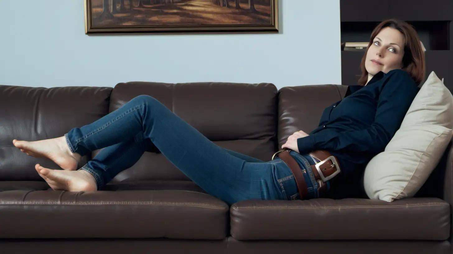 Comfortable TV Viewing 36YearOld Woman Relaxing on Couch