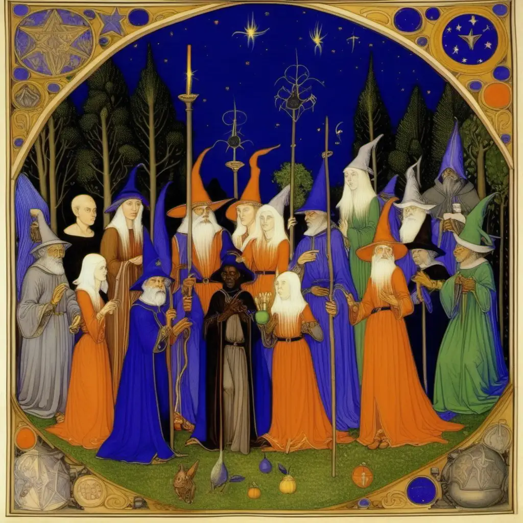 limbourg brothers painting depicting a group of female witches and male wizards of various races